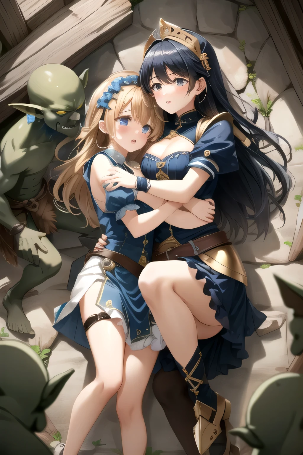 ( masterpiece、 TOP QUALITY 、 super high resolution )、( Perfect Face、 beautiful face、 beautiful eyes)、( comics、 manga 、story)、armor、 flower headdress with death spots 、Ruins、 Imprisonment、Prisoner、Battle with Goblins 、Goblins are capturing human women 、 goblins hug human women 、 women hate it 、Woman crying、(((Two men、 woman 1 person,))、 view from above