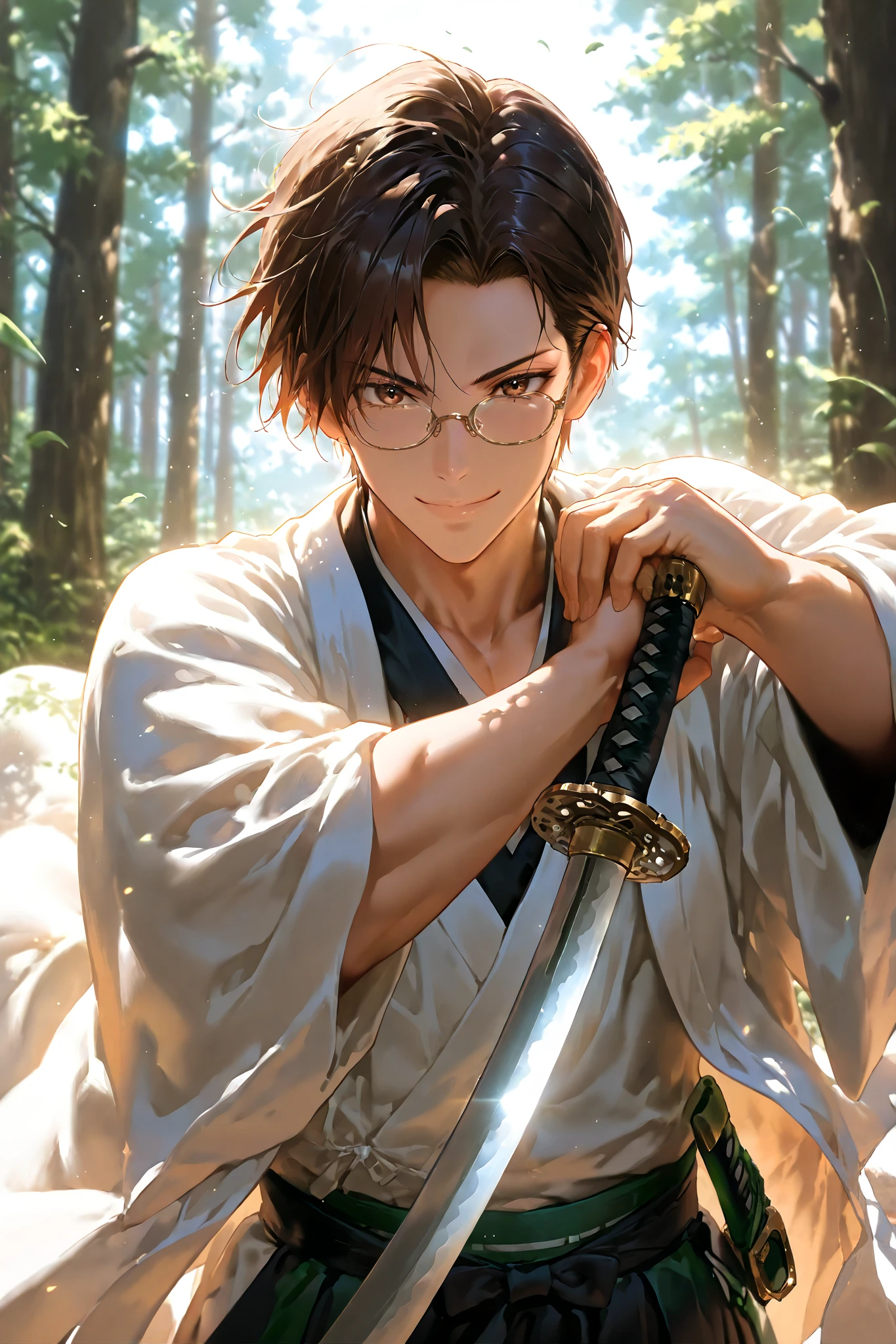 amazing quality,very aesthetic,illustration,absurdres,best quality,newest,masterpiece,4k resolution,
forest,
male focus,Aizen_Sousuke,1boy,solo,brown hair,brown eyes,
Captain's Robe,haori,black hakama,glasses,
smile,fighting_stance,holding a katana in his hands,green hilt,
cinematic_angle,looking_at_viewer,