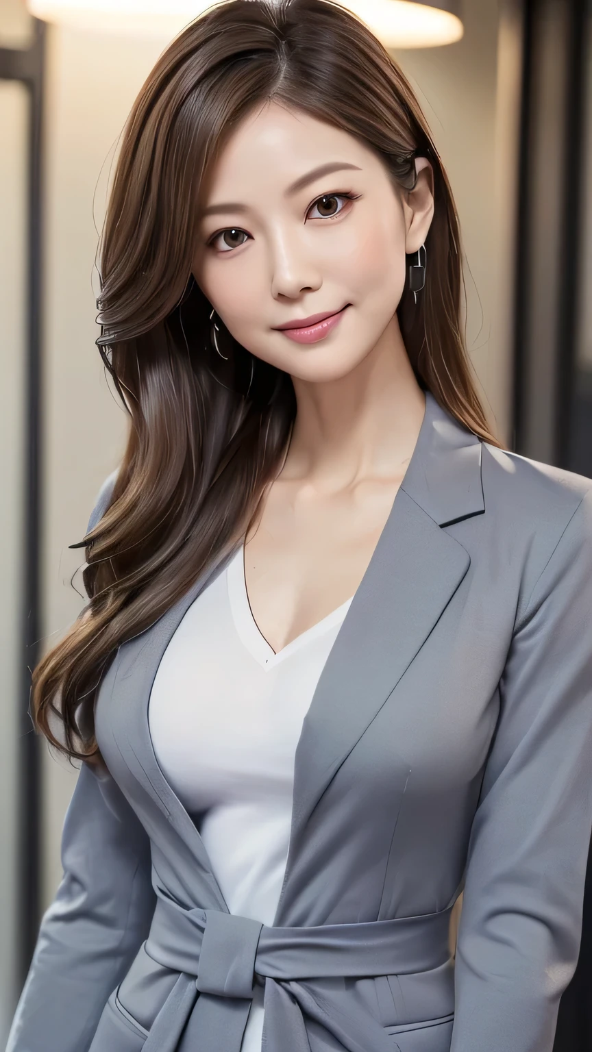 very detailed, masterpiece , TOP QUALITY , (( photorealistic:1.4)), ((slender body:1.4))、((( anatomically correct face :1.3)))、Super skinny 50 year old、elderly Japanese female teacher , detailed face , Detailed Eyes 、(( natural makeup )) 、(( Chest Valley)), ( slim, toned and beautiful body:1.3)、((light brown hair 、Long Disheveled Wavy Hair:1.3、 asymmetry)), graceful and sophisticated 、goddess、(( from waist to head))、(( Long Sleeve、tight blue grey business suit、 white office shirt:1.3))、(())、(( staring at the camera、 fresh smile))、((professional cool lighting:1.2 ))、 standing、 from side、((Dark office at night:1.2))