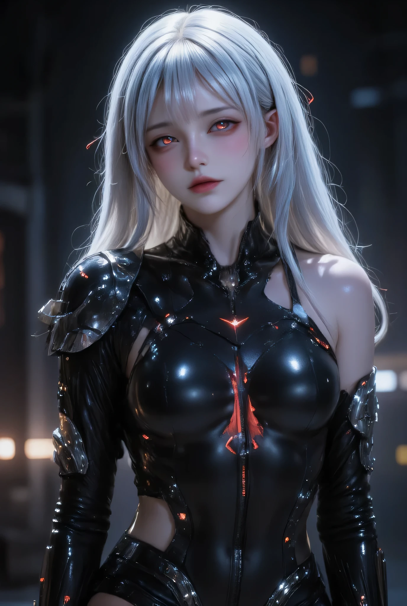 score_9, score_8_up, score_7_up, score_6_up, score_5_up, score_4_up, 1girl, solo, seductive expression,(masterpiece)), Highest quality, Very detailed,(One Girl), master piece, best quality, score_9, score_8_up, score_7_up, score_6_up, score_5_up, score_4_up, masterpiece, best quality, very aesthetic, absurdres, Score_9, Score_8_up, Score_7_up, Score_6_up, Score_5_up, Score_4_up, Source_anime, Tag1, Tag2, Best quality, High quality, Detailed, High resolution, 8k, Ultra highres, Soft saturation, Professional quality, Perfect contrast, Perfect lighting, Anatomically correct, Sensual woman, young female, seductive BREAK Face focus, detailed face focus. Sexy Idol Girl, white skin, Good style, dynamic and sexy pose. Create an image of a futuristic cybernetic warrior. The character has long, silver hair and glowing red eyes, wearing sleek, black armor with intricate designs combined with a black Gothic steampunk tailcoat for a futuristic and dark feeling. The shirt has a long and flared tail. The costume is made of shiny and thick metal, giving a sturdy, futuristic feel.