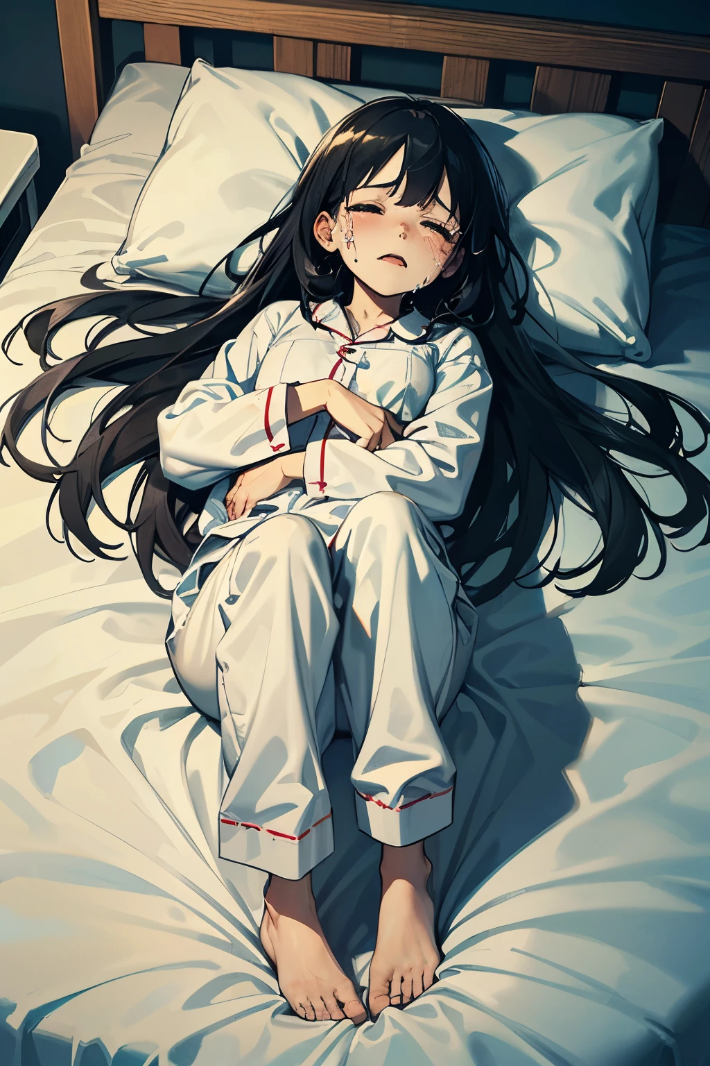 (best quality,4k,high resolution,masterpiece:1.2), In a dark hospital room, a -yeld giis sleeping on the bed, curled up her body, trembling, weeping, from bird's-eye view, being shocked,being very scared, being surprised, crying, a photorealistic cute girl with long black hair, wearing white pajamas, Europian face, noble face, sad face, painful face, cute face, closed eyes with tears, full body portrait.