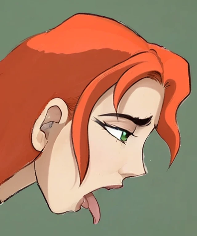 score_9, score_8_up, score_7_up, source_anime, source_cartoon, 1girl, ginger hair, long hair, ponytail, arched bangs, asymmetrical bangs, green eyes, eyeshadow, (red lips:0.6), black eyeliner, smiling, topless big tits, kneeling down on knees, blowjob, looking up at viewer