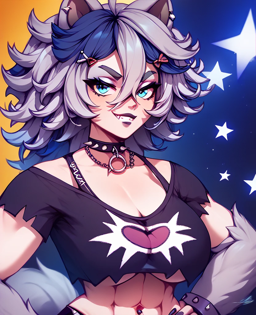 Gloria, white hair, purple eyes, demon horns,  long hair, 
abs, black top,  black chaps,  tight, cleavage, star \(symbol\) on chest,  elbow gloves, turtleneck,  clothing cutout, 
standing,    upper body,  light smile, 
night, city, solo, stars, 
(insanely detailed, beautiful detailed face, masterpiece, best quality), solo, 
 <lora:Gloria:0.7>