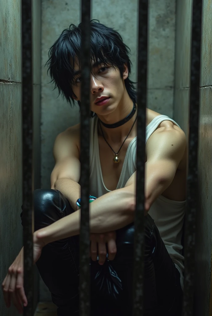 Leo alvarez from the visual novel echo, barefoot hypnotized and sedated, gag in the mouth, seeking out, green glow in his eyes, trapped in a black straitjacket, sitting imprisoned in a padded asylum cell, wearing long hospital pants, legs stretched out in front of him, detailed soles visible from his paws, right toe ring.