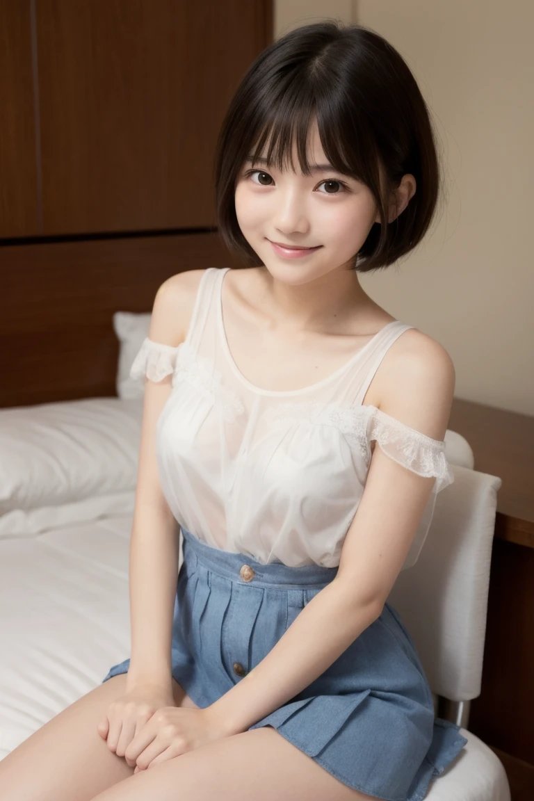 One girl,Midsummer,Inside the room,Bed,Down to the feet,Black Hair,short hair,Put your hair on your ears,Navy blue tank top,Grey Skirt,A big smile,6th grade elementary school,Healthy Beauty,Honor student,front,Small bulging lines on the chest,Look here,transparent, Soft Light,(masterpiece, Highest quality), Structure of the film, Like a movie