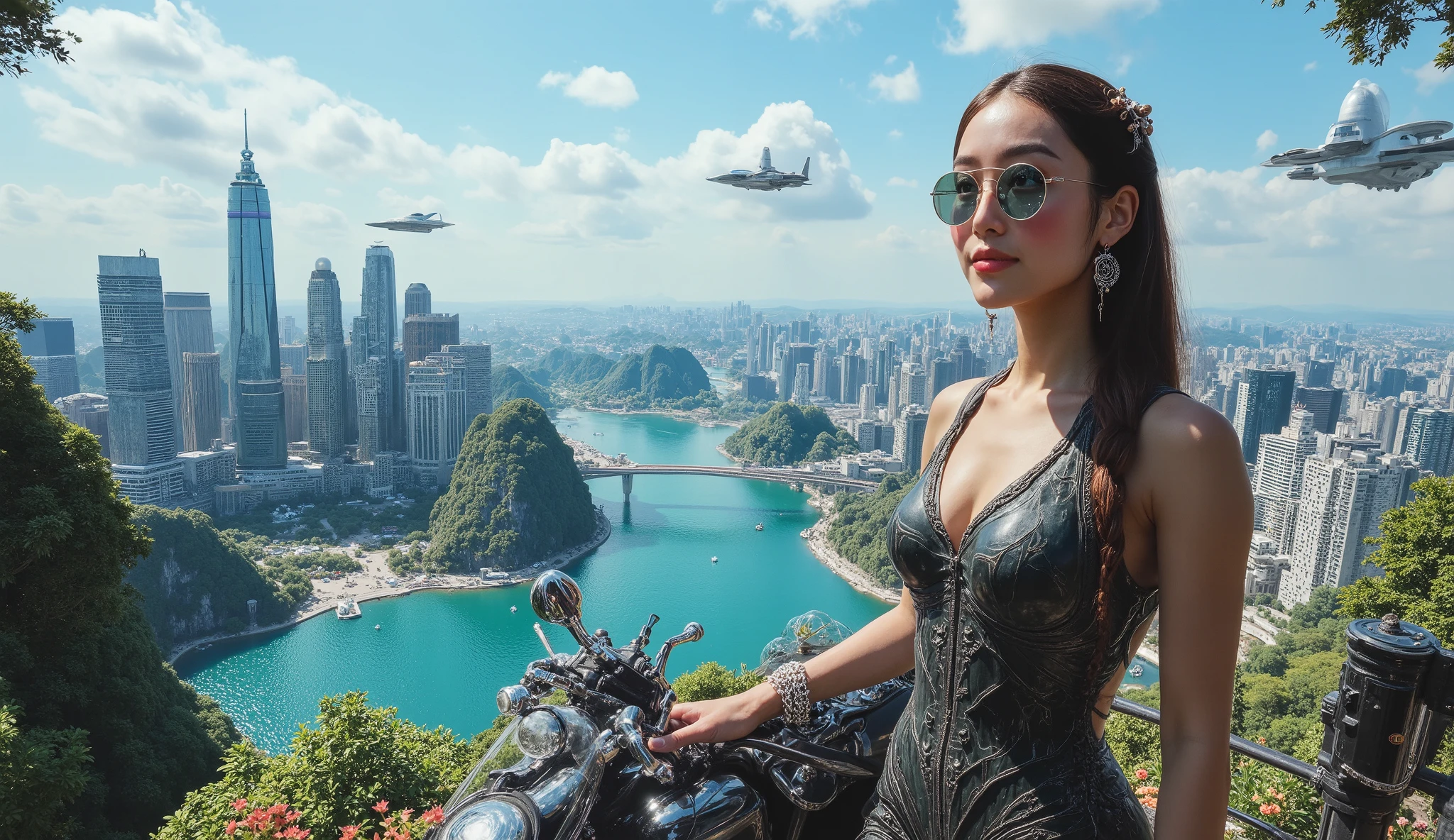 In this bewitching scene, a captivating jazmine tan dressed as the mysterious woman, floats elegantly through a fantastical steampunk and modern fashion-infused futuristic cityscape, her poised pose captured from an aerial birds-eye view camera angle, emanating wonder and intrigue that transcends space and time. jazminetan <lora:iskzzl18f898efb6egb69:1>