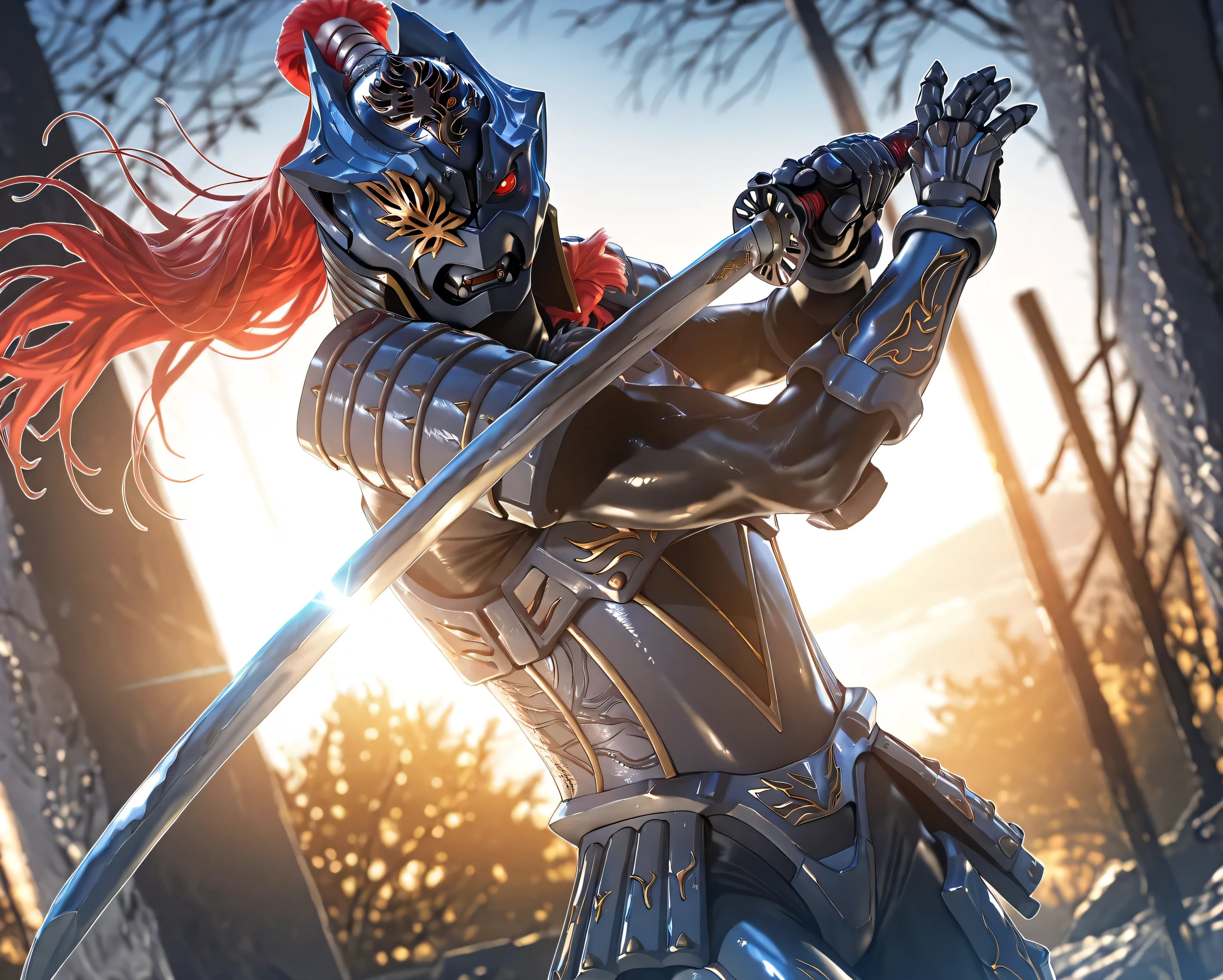 masterpiece, best quality, official art, detailed, realistic, game cg, ultra-detailed, beautiful detailed eyes, very aesthetic, solo, furry male, shiny skin, (Zamushar), red hair, (pitch black body), white pupils, fangs, uneven eyes, (one-eyed:1.2), chest armor, (waist armor:1.2), Gauntlets, (muscular), leg guard, detailed armor, sword guard stance, sword, weapon, solo, katana, holding, holding weapon, holding sword, looking at viewer, high collar, cowboy shot, dynamic pose, vibrant colors, floating hair, (five fingers), BREAK, (dutch angle), (blurry background), dynamic lighting, rim lighting, dawn,