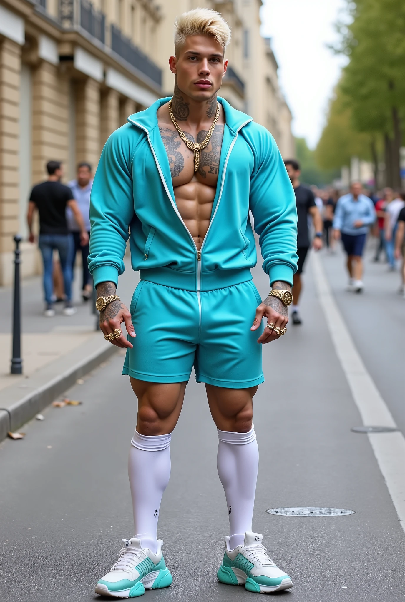 (absurdres, highres, ultra detailed, Ultra HD), ((tall handsome muscular man with a strong physique, solo, male model modern clothing, Full length portrait: 1.5, wearing a (zip-up jumpsuit with hoodie) that is unzipped revealing his chest and abs, bulge: 1.2, verious flowers around him, jewellery, the man is standing comfortably in the flowers,)), beautiful, gorgeous, wet, mature, perfect eyes, sexy gaze, (looking at the viewers romantically), perfect body, smooth skin, a hot glow in his skin, extra large chest, largest breasts, extremely large pectorals, big nipples, breathtaking grandeur, model pose, colorful, artistic, focus on his calm facial features, elegant look, sexy posture, full body view,