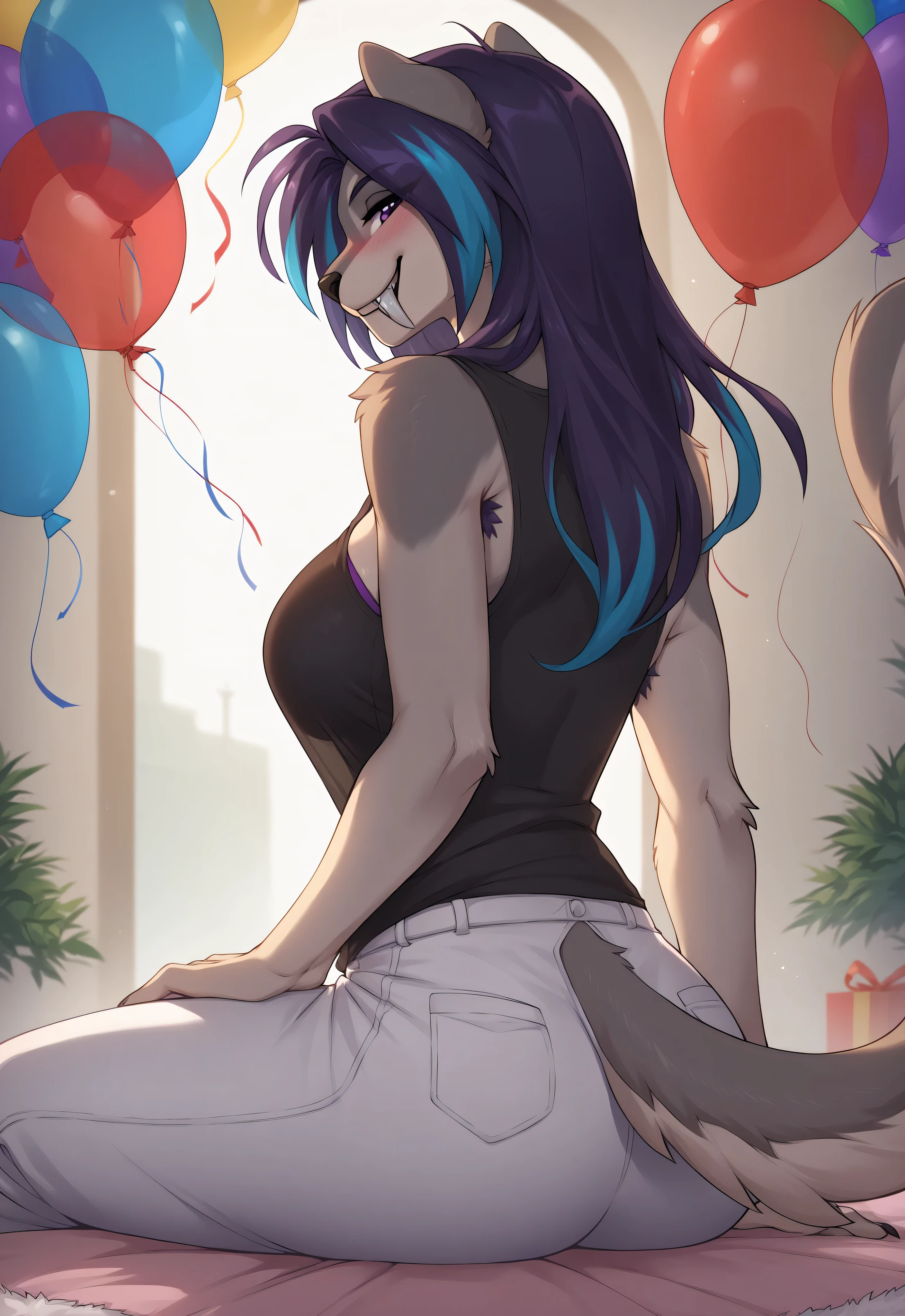 (4K HD Quality), score_9, score_8_up, score_6_up, anthro, solo, 1girl, female, furry, saber-toothed, grey fur, grey body, multicolored hair, dark purple hair, blue hair, long hair, purple eyes, large fangs, large sabertooth, medium large breasts, white claw,
Shani (Zummeng),
armpit hair, purple armpit hair,
blush, perfect smile, looking at view,
shirt, long pants, sitting, birthday present, balloon, birthday party background, view from behind, rear view,