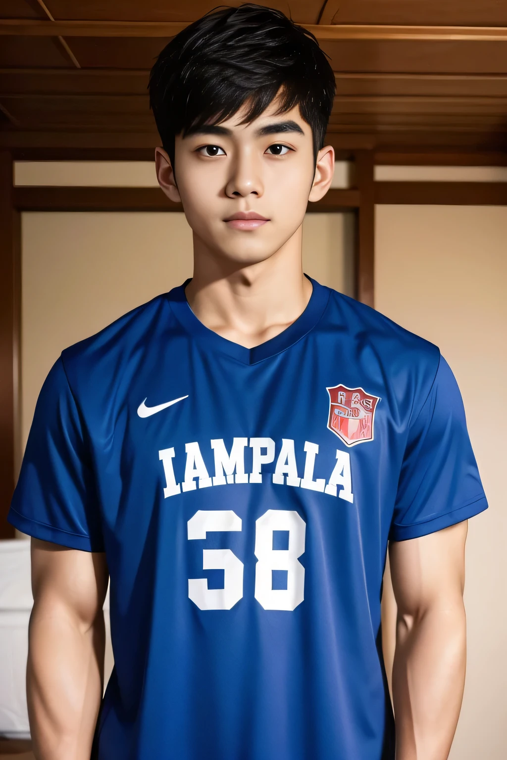 Boy with baseball shirt,almond eyes,light brown skin,silky black hair,white baseball t-shirt,short black and a camera,while holding a toy of a superhero Ultraman and a toy of a baseball player named Ken Sato,while in a baseball stadium doing bar.
