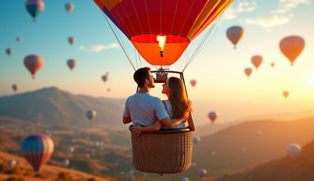 romantic Indonesian couple; man with short black hair; woman with long straight black hair, sitting in a basket with a hot air balloon, colorful hot air ballon, hanging from a hot air balloon, as an air balloon, flying towards the camera, stunning surrealist sky, depictation landscape, they are smilling, happy, romantic pose, taken on go pro hero8, flying in the air, hot air balloons, up, facing the camera, photorealistic, 1536px, high quality.