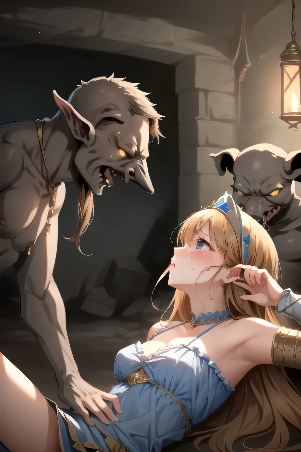 、( masterpiece、 TOP QUALITY 、 super high resolution )、( Perfect Face 、 beautiful face、 beautiful eyes)、( comics、 manga 、story)、armor、 flower headdress with death spots 、Ruins、 Imprisonment、Prisoner、Battle with Goblins 、Goblins Attack Women 、 Goblins Grab Human Women 、 goblins hug human women 、 women hate it 、Woman crying、(((Two men、 woman 1 person,))、 Pigman touching a woman
