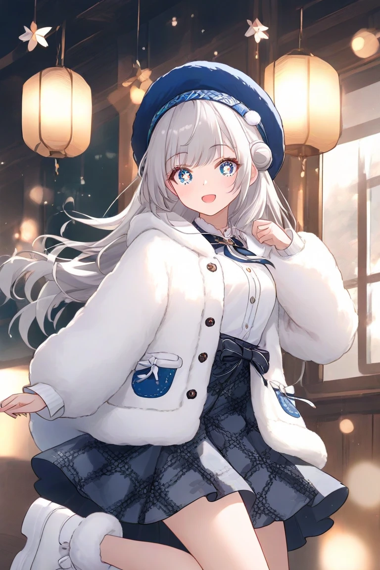 1 girl、 silver hair、Hair in a bun、winter、winter服、I'm wearing a fluffy jacket、Young、、 droopy eyes 、Are you wearing fluffy shoes、 wearing a hat、Scandinavian design、 Nordic pattern clothes、cute、 cute、Warm attire、Plaid Skirt、Young、Young girl、Sparkling eyes 、Blue hat