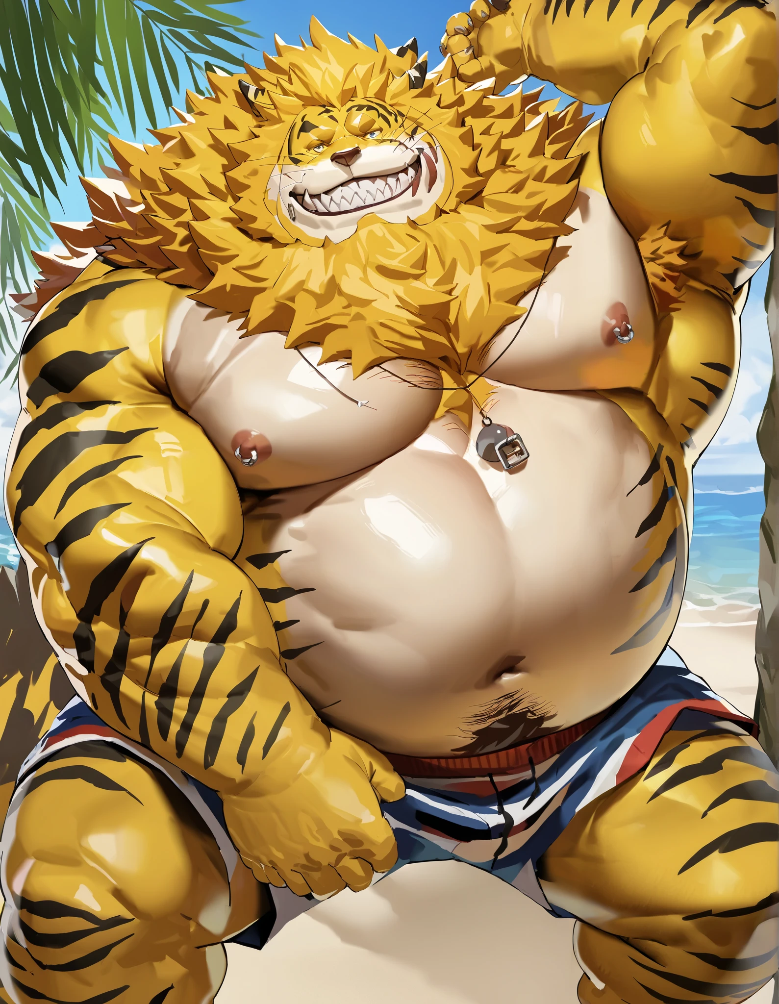 by_lindong, nipples piercing, solo, 1boy, Huge Muscular Old man, (furry, Nekomamushi, tiger, yellow hair), thick chest hair, armpit hair, pectoral, thick arms, fat, belly, chubby, huge pectoral, wide pectoral, short white hair, shorts, beach, masterpiece, semirealistic:1.2, high detailed, 8k, high resolution, grin, pose, looking to camera