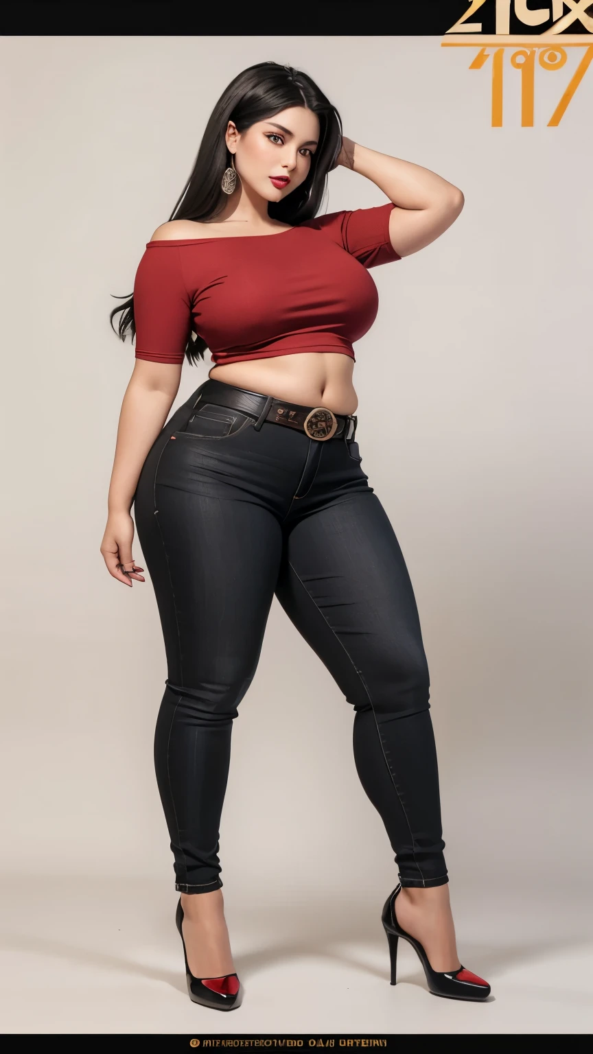 (RAW shooting, Photoreal:1.5, 8k, highest quality, masterpiece, ultra high resolution), perfect dynamic composition:1.2, Highly detailed skin and facial textures:1.2,beautiful and aesthetic:1.2, standing, full body, sandals, Fair skin, (large breast:1.4, Chest gap:1.4),(earrings,necklace,1girl, tall, long legs, makeup:, brown hair, single braid,perfect thigh, tight red top,sleeveless,tight red long pants, belt),(simple background:1),