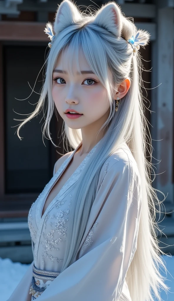 Portrait、bright look、young shiny glossy white shiny skin、best looks、ultimate beautiful girl、The most beautiful platinum blonde hair in the world、shiny bright hair,、Super long smooth straight hair、Shining beautiful Bangs、Sparkling crystal clear charming blue eyes、Very beautiful and lovely cute 16 year old girl、rich bust、((A girl standing in front of the theater stairs))、 silver hair, bangs, Dull bangs, long straight hair, aqua eye, long eyelashes, solid circle eye, compensate, open your mouth, blush, parted lips, bright pupils, smiley, enchanting smile, shine, surrealism, modern、black pantyhose、high heels4、((pure white dress、floral dress、、off shoulder、Upskirt: 1.6))、High-rise buildings are hazy in the windows、((My skirt flies up in the wind)),((Show me your white lace panties)),((Raise the hem of the skirt with your hands))