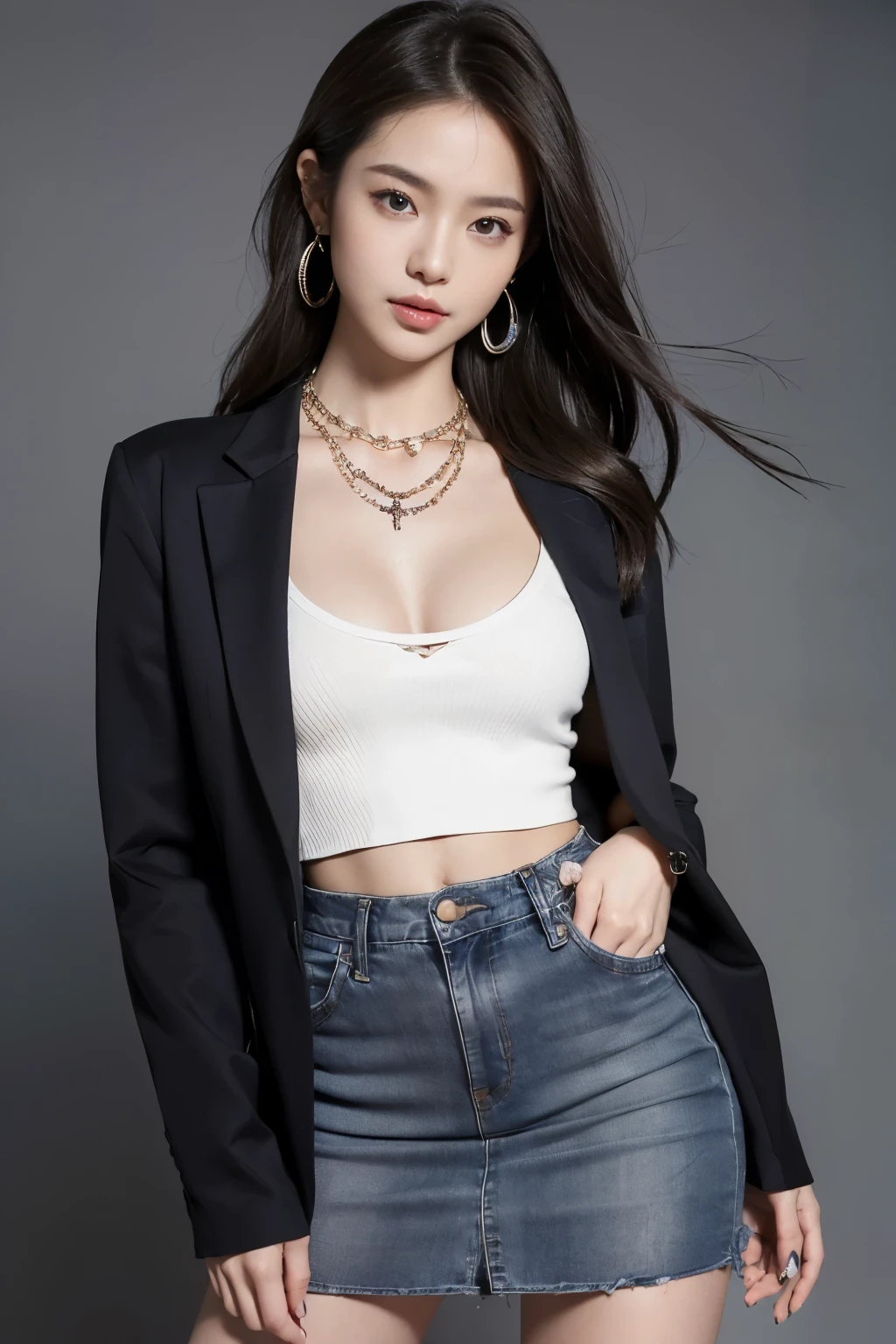 (8ก,high resolution,Masterpiece, best quality, alone, complicated details, Chromatic aberration), realistic, hair in one eye, big round hoop earrings, Diamond choker, Gold Necklace, silver necklace, small watch, bangle, bracelet, bangleข้อเท้า, waist necklace, (symmetrical eyes),(Perfect symmetrical body), (Photo of a beautiful teenage girl of 24 years old), Beautiful and charming with contemporary fashion paintings as well..., looking at the audience, ((Behind the main bedroom)), (black short skirt), (((Blue Jacket, ((white short sleeve, เสื้อopen chest), ((Open your shirt and show your chest a little.., )), (open chest), (Sagging breasts.))), (()), (Long square leather belt buckle), ((Put your hands down.)), (Bob, medium length hair, pinch, Side flatness, golden hair, (There is a thin layer of hair covering the face...)), Beautiful eyebrows, sharp eyeliner, eyelid, Blush, have thick eyelashes, sharp eyes, purple eyes, pink cheeks, Very delicate and beautiful, round chin, Sharp focus, elegant, red lips, Thin mouth, (Open your legs on the study table.., Show off your underwear), (Sit facing out and looking at the camera...), (Open your legs and lift your right leg over your left leg...), (), It&#39;s an attractive example., (Model) (Sagging breasts), (black skin), ((middle bust)), Shot in the knee
