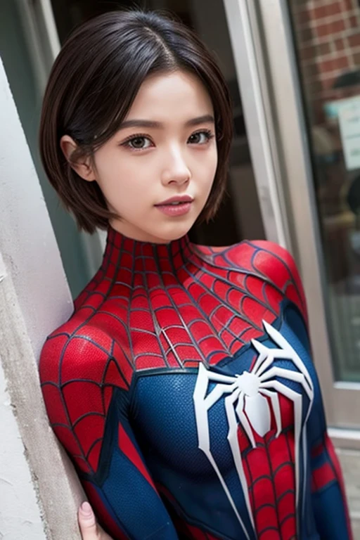 (1girl: 1.3), solo, beautiful face, (((extremely detailed face))),(((extremely detailed face and eyes)),beautiful detailed eyes, body-parts__, official art, 8k unified wallpaper, super detailed, beautiful and aesthetic, beautiful, masterpiece, best quality, raw, masterpiece, super thin photo, best quality, super high resolution, photorealistic realism, sunlight, full body portrait, amazing beauty, short blonde haircut, dynamic pose, delicate face, vibrant blue eyes, (from the front), she is wearing a nylon costume (inspired by Spiderman costume), cosplay ('/Snow/'), red, transparent white and black color scheme, top of a skyscraper building, very detailed, detailed face, detailed complex busy background, messy, beautiful, milky white, highly detailed skin, realistic skin details, visible pores, sharp focus, volumetric mist, 8k uhd, DSLR, high quality, film grain, fair skin, photorealism, Lomography, Huge Metropolis in Future Dystopia, View from Below, Translucent