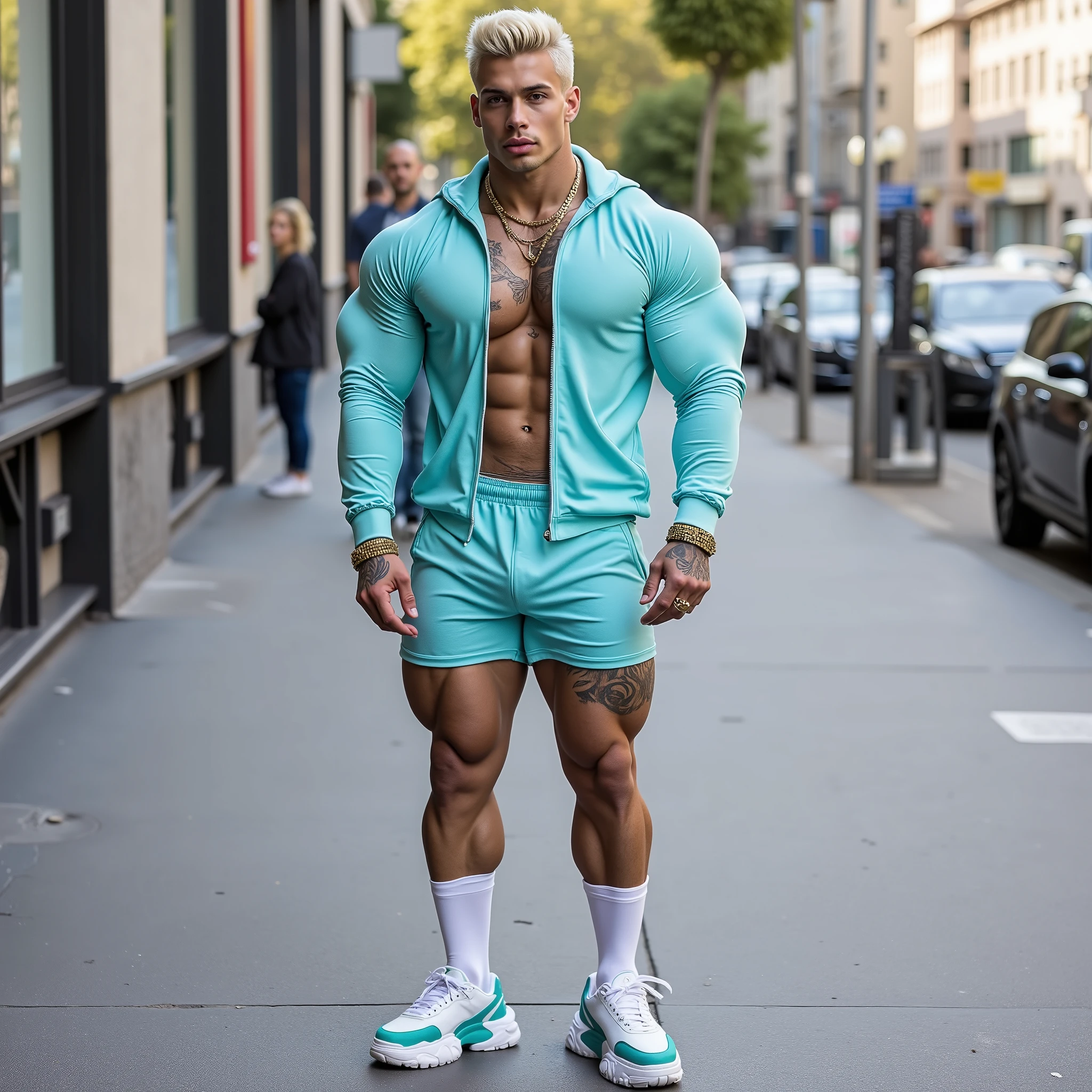 full view full body, in a luxurious mansion in Florida, a 19yo ripped massively muscular hulky bodybuilder white european femboy , with blonde undercut preppy haircut, wearing a rainbow crop-top, white "tutu", long white socks with rainbow stripes, ballet shoes, and golden cross necklace, dozens of golden rings and bracelets, piercings, holding a bible, showing off his socks