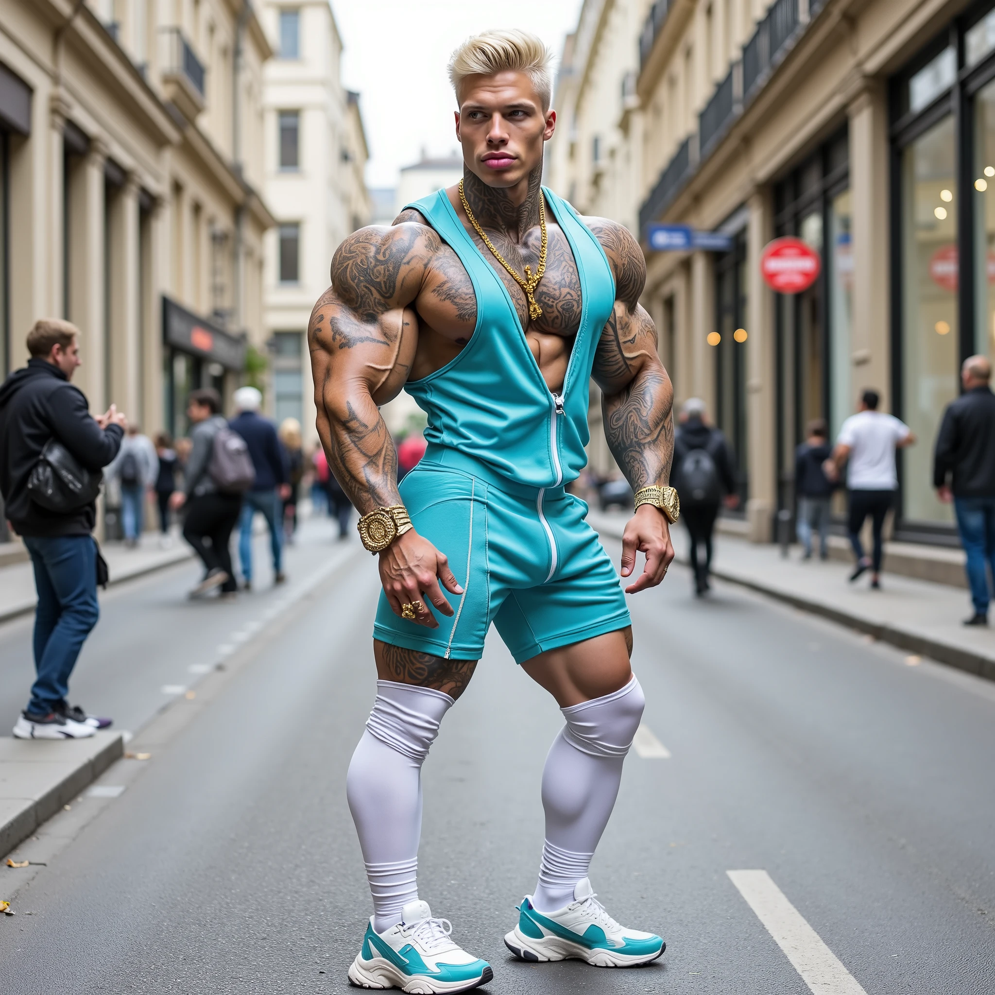 @pcsntp1; flxBimboLips963 ; full body photo of 18 year old hyper-muscular, excessively deeply tanned, tattooed handsome white male model bodybuilder, with short blonde floppy hair hyper-stylish undercut, inflated siliconed lips wearing an open pvc style turquoise-blue tracksuit top and shorts, long white somptuous Gucci nylon-socks, hyper-styled Balenciaga triple s white & turquoise-blue sneakers, chunky gold antique rings, necklaces & bracelets, standing posing outside in the street, Paris, quartier du Marais, afternoon. Sneakers & socks must be seen.