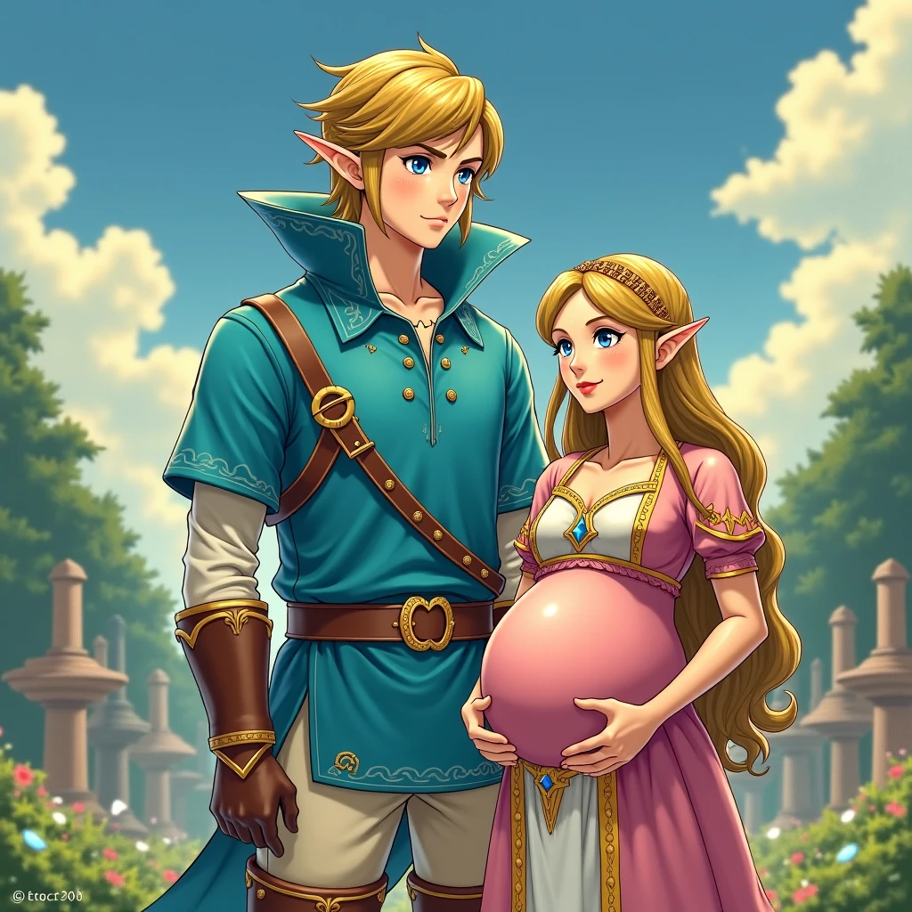 score_9, score_8_up, score_7_up, rating_questionable, Princess Zelda, Link caresses her pregnant belly from behind, hetero, happy, deeply felt love, kiss shoulder, (masterpiece, best quality, highly detailed, realistic) <lora:add-detail-xl:0.65> <loractl:EnvyBetterHiresFixXL01:0:hr=1> <lora:xl_more_art-full_v1:0.1>