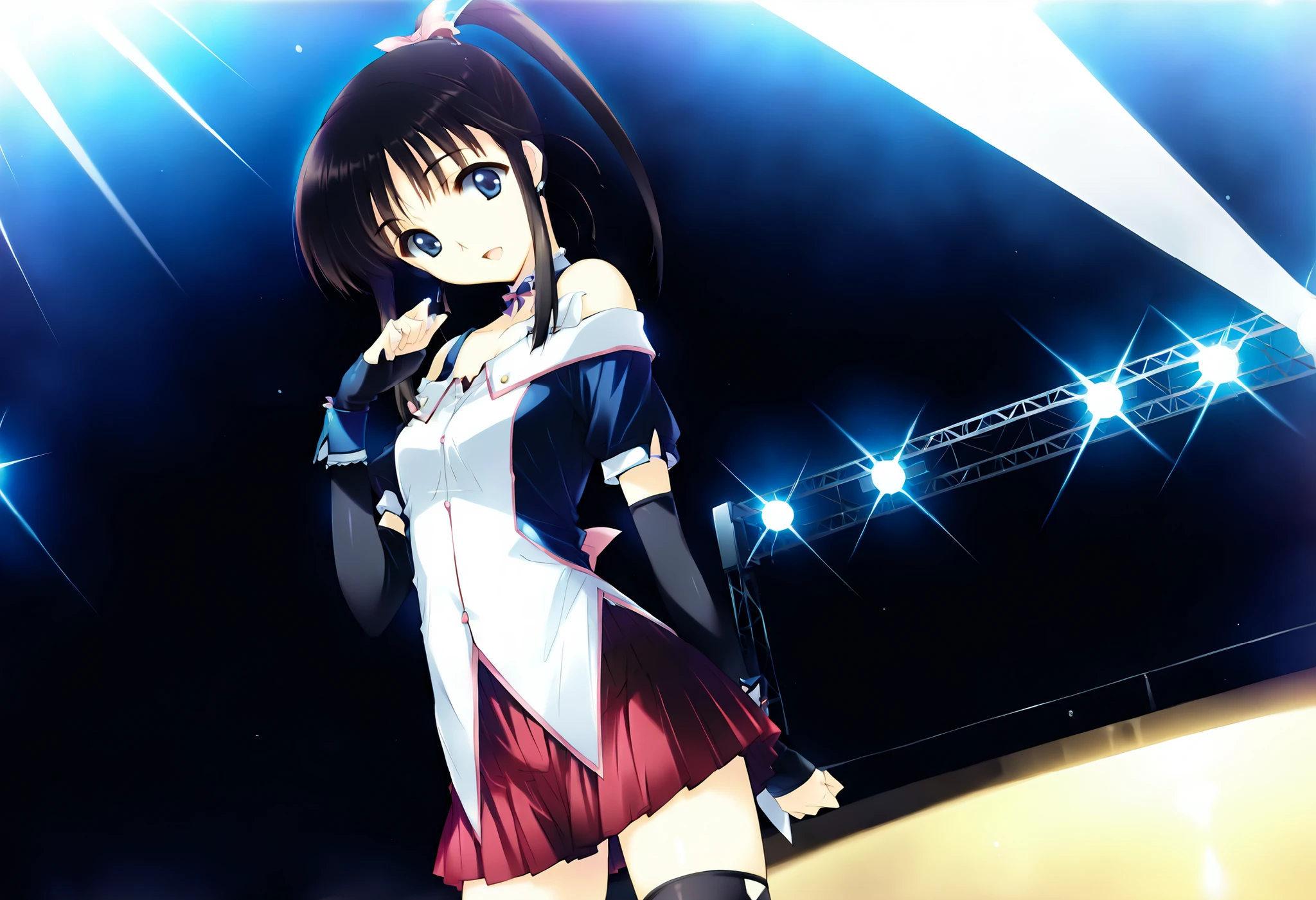 masterpiece,best quality,good quality,newest, gymnasium stage,day, smile, looking at viewer, solo, anime coloring, ((sugiura_koharu)),sugiura_koharu\(white_album_2\),1girl,black hair,ponytail,hair ribbon,blue eyes,stage,spotlight,glitter,open mouth,((stage costume,blue and white jacket,off-shoulder,short_sleeves,bare shoulders,detached sleeves,black sleeves,blue cuffs,sleeves past wrists, red skirt,pleated_skirt, black_thighhighs)),singing,gymnasium stage