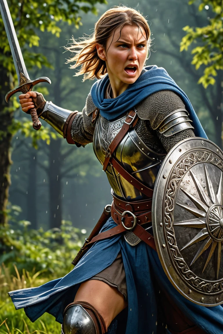 photorealistic image {1 Slavic warrior girl in an iconic attacking position, peasant clothes with chain mail and , raincoat, in a helmet, swinging sword in an expression of anger (wave your sword), perfect proportional , dark short hair, hold a shield, head protector, intricate , detailed, 8 k, best quality ever , Masterpiece , Super detailed, released creative energy , beyond imagination , dramatic light, gradient moving color background }, rude, dynamics, movement, wind, style Caravaggio