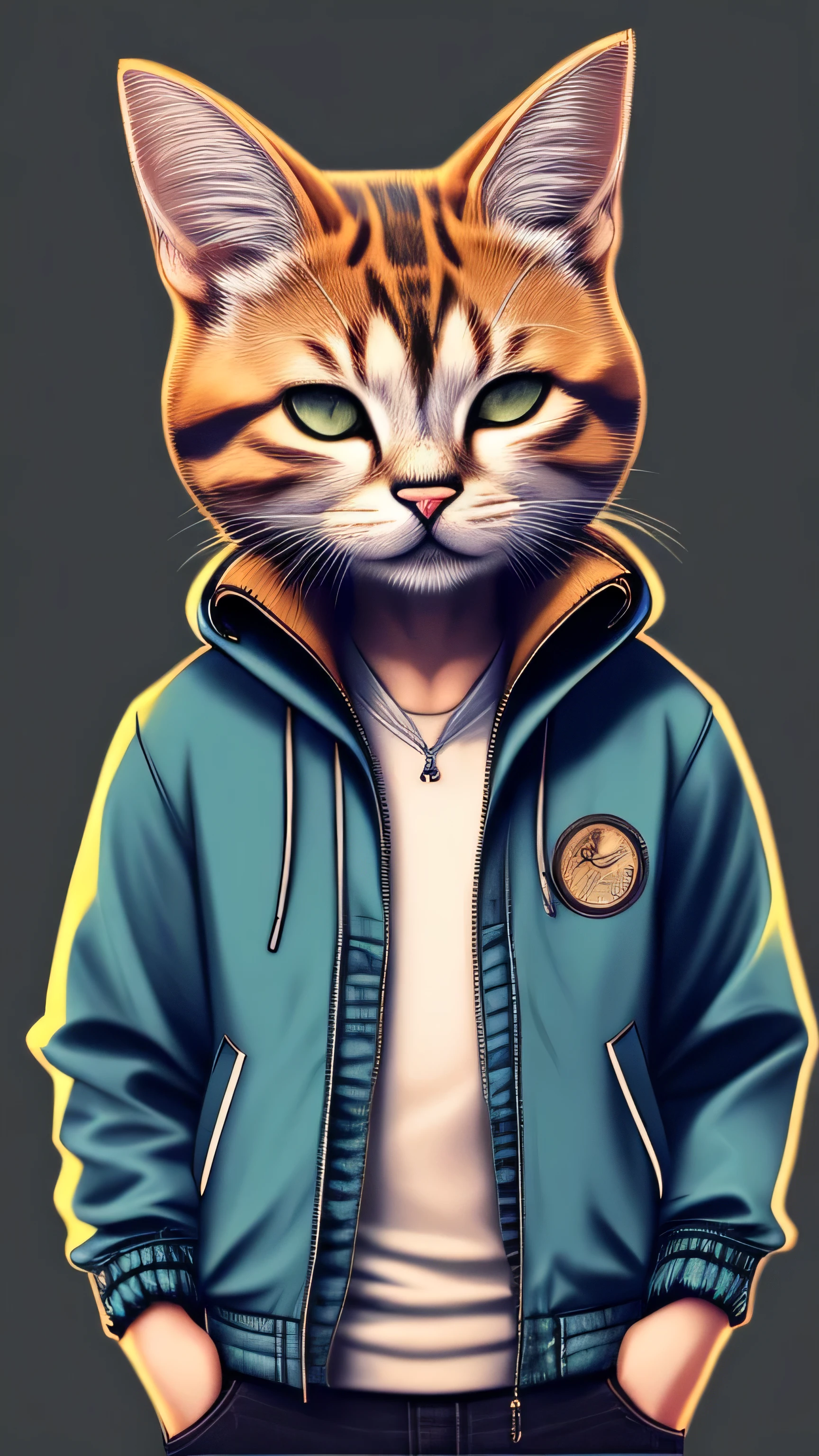 CAT WEARING OVER JACKET LIKE A PROFESSIONAL FRONT VIEW , A GENTLE MEN APPEARANCE FOR CAT