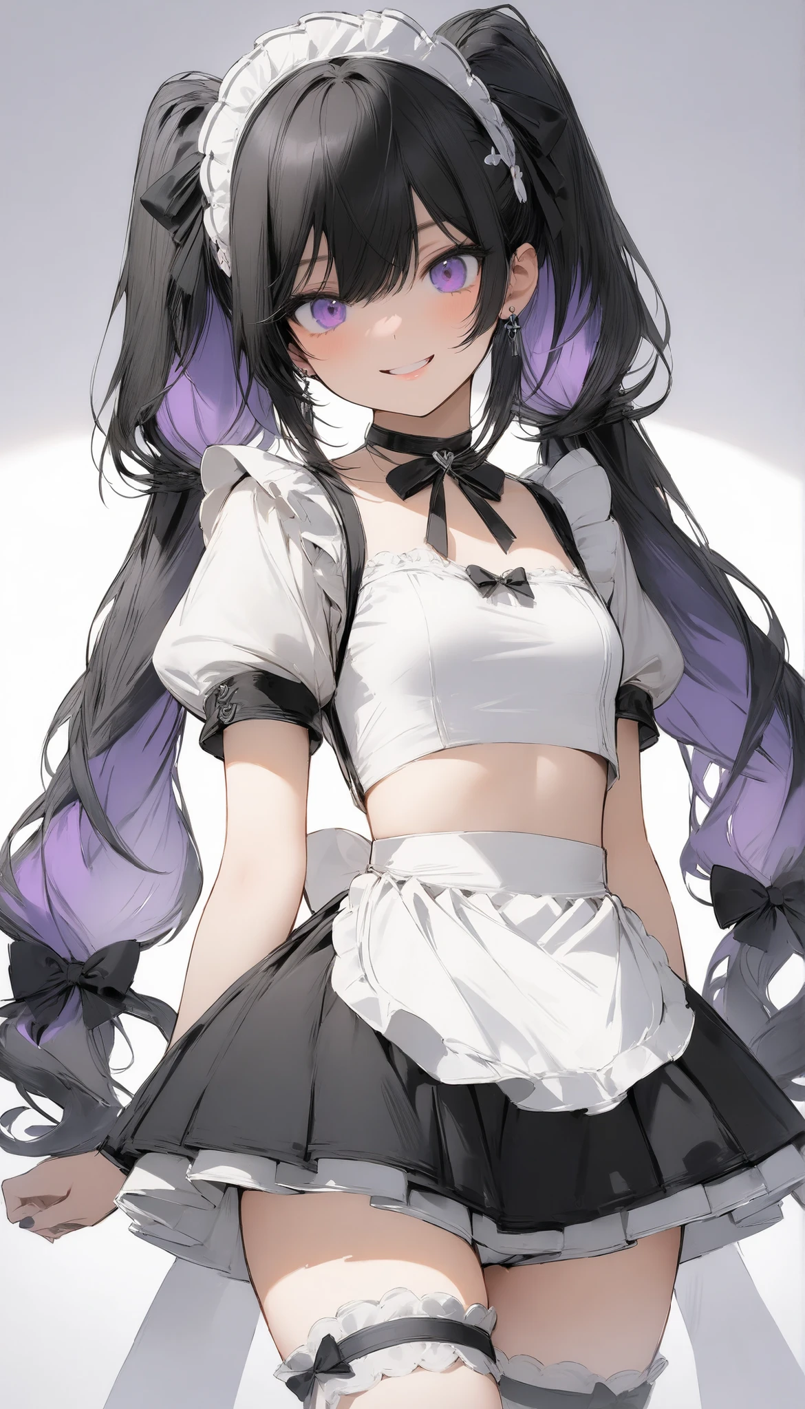 ( masterpiece, Top Quality, Top Quality, beautiful、Midea:1.2), 1 person,Beautiful, who belongs to the band, is cute, Maid clothes and beautiful and cute、 silver and purple inner shorts twin tails , girls on the left, small, ,