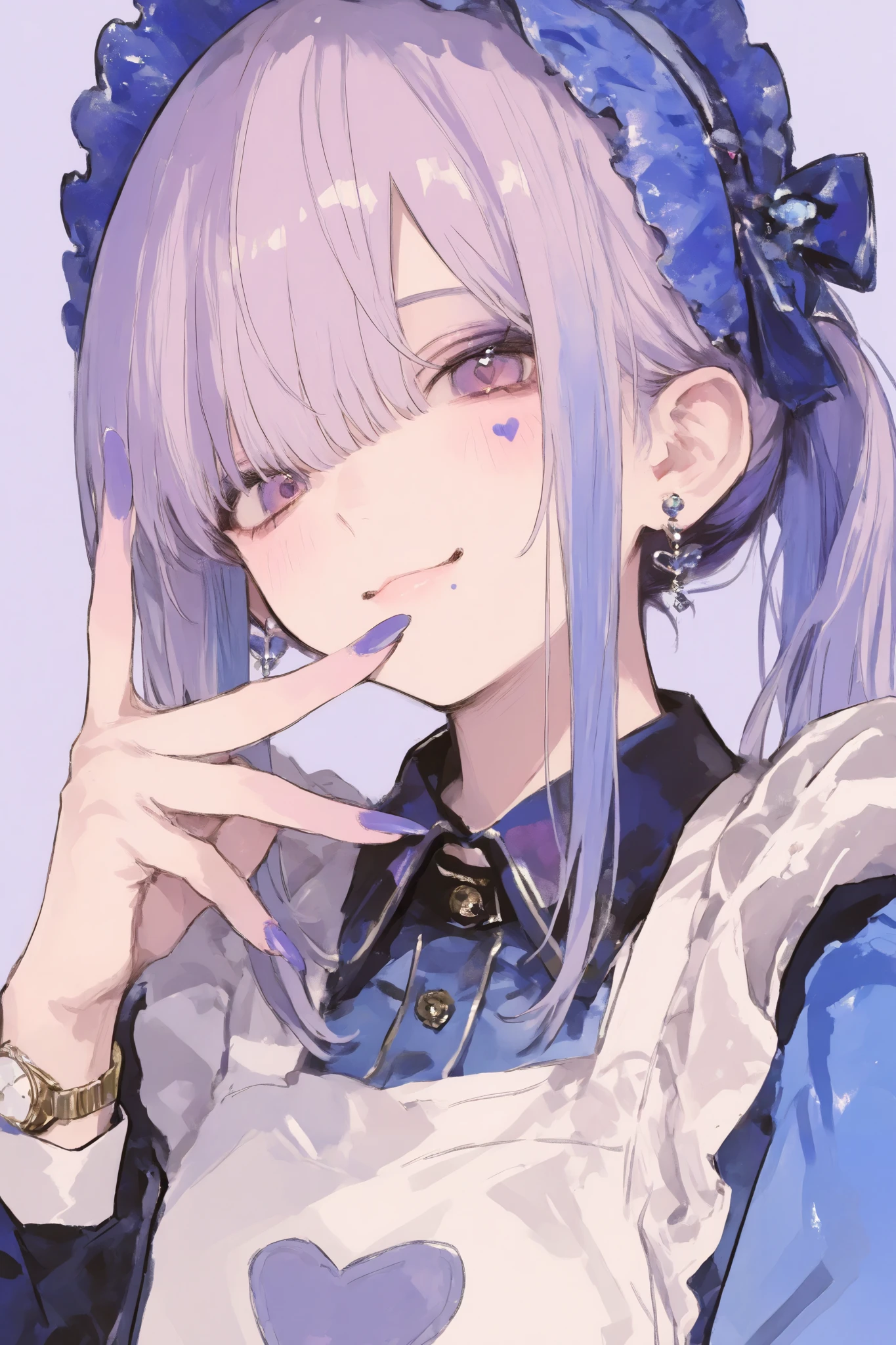 TOP QUALITY、 masterpiece、 748cm style 、1 girl、Heart face mark 、 v overeye 、nail polish、viewers、 purple eyes、Purple Claws、 I closed my mouth、 purple hair、 upper body、smile、Collared dress、 neon 、 white apron、ponytail、 Blunt Bang、 jewelry、 Blue Dress 、earrings、bonnet、 multicolor hair、blue nails、side lock、Blue headdress、 raise hands