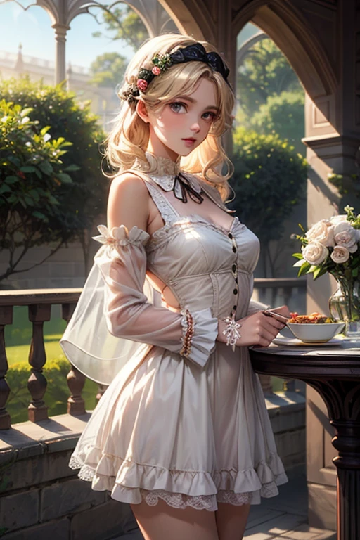 Full portrait photo from below of a beautiful 18-year-old girl with golden hair, standing next to a trellis of French roses, "Blue eyes, radiant smile, slim waist, long white legs... "
