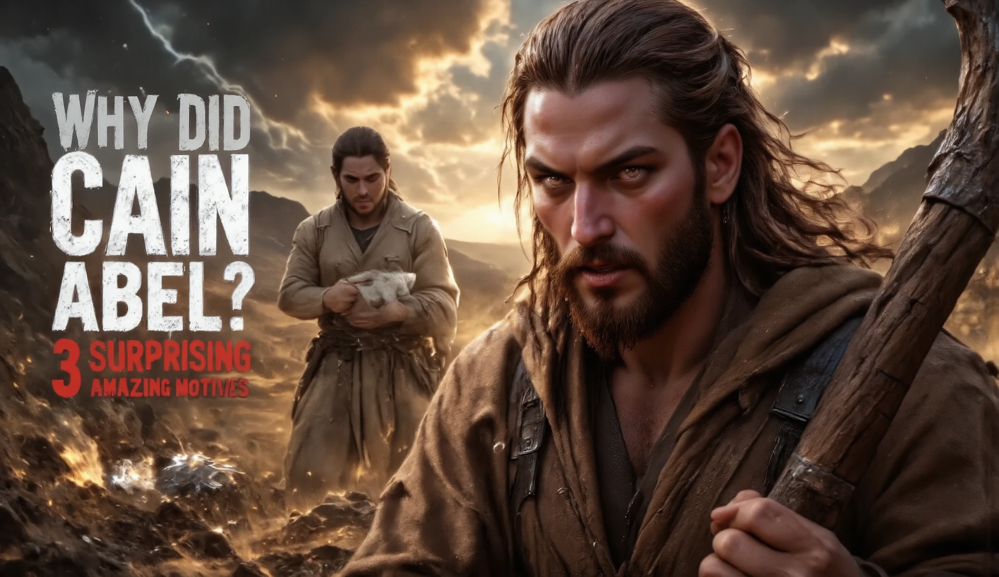 A striking and eye-catching thumbnail for a YouTube video about the biblical story of Cain and Abel, titled 'Why Did Cain Kill Abel? 3 Surprising Reasons'. Show a robust man with a long, dark beard, wearing a rustic, earthy brown robe, holding a wooden staff with a curved tip (like a rudimentary scythe) in a barren, dry field under a dramatic, cloudy sky, with thunder in the background and soft golden light cutting through the clouds. The man (Cain) must have an intense expression of anger and jealousy, with deep, penetrating brown eyes, avoiding supernatural eyes or exaggerated effects. In the background, a subtle and almost ethereal silhouette of another man (Abel) in simple beige shepherd's clothing, holding a white lamb, partially obscured by a mysterious mist, creating a contrast with Cain. In the upper left corner, the text in large, clear and capital letters: 'WHY DID CAIN KILL ABEL?' in white with black shadow to highlight, and below, in vibrant and bold red, '3 AMAZING MOTIVES' in a modern and legible font. Add a visual element in the lower right corner: stylized fallen fruit (like wheat or grapes), symbolizing Cain's rejected offering, with a faint golden glow to evoke the biblical context. Use a contrasting and harmonious color palette: earthy brown, gold, red, dark gray and white, with high definition, realistic style, but with a dramatic and cinematic touch, ideal for attracting clicks on platforms like YouTube. Resolution 1280x720 pixels, 16:9 aspect ratio, focus on the details of facial expressions, clothing and natural environment.