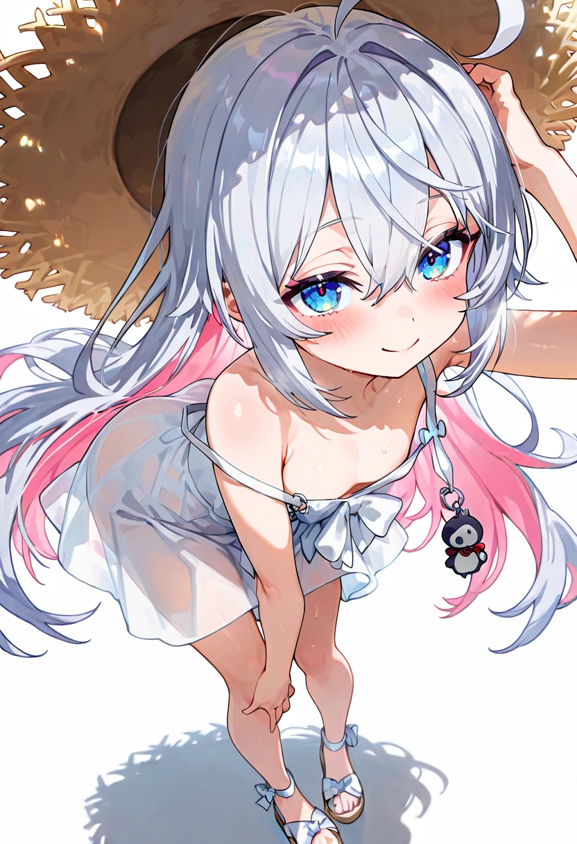 beautiful, masterpiece, Highest quality, anime, One girl, C Cup,Portrait Shot, View your viewers, Intricate details,>,((Covered、Short Hair、nearby、Blue Eyes、art、、White hair,Blue streaked hair、wallpaper、、hairpin、smile、Angel、Nipples、Thighs、Halo、Animal Ears、Wolf_tail、white_liquid、masturbation、touch pussy、silk_whiteニーハイ、On all fours