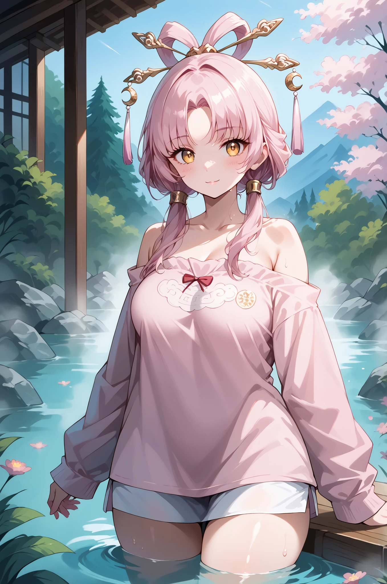 score_9, score_8_up, score_7_up, source_anime, 4K,perfect fingers,(perfect hands, perfect anatomy),prefect lighting, very aesthetic, intricate details,highly detailed background, masterpiece, high quality, best quality,
1girl,solo,fu xuan, pink hair, yellow eyes, bare shoulders, parted bangs, twin tails, bow-shaped hair, low twintails,Large Breast,
wearing ((pink shirt, )),
onsen,