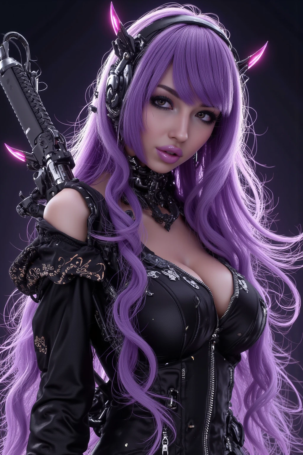 1 mechanical girl、((Detalhes super realistas))、portlate、globaliluminação、Sombra、octan render、8k、ultrasharp、Corpo Ciborgue Steampunk、metal、Detalhes de ornamentos complexos、cor fria、Gothloli detalhes、Detalhes altamente intrincados、luz realista、CGSoation Trends、um olho roxo、radiant looking at the camera、Neon details、Enorme teto、The cleavage is visible、mechanical blood vessels connected to tubes、mechanical vertebrae attached to the back、mechanical cervical attaching to neck、sentado em、wires and cables connecting to the head、The background is a steampunk space、