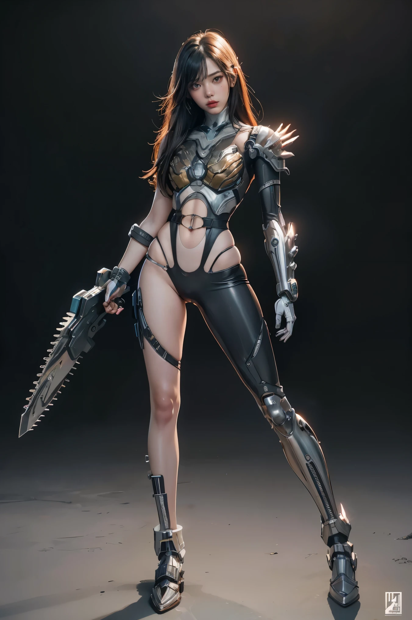 1girl, solo, wearing a mechanical suit, Mechanical wonder, Cyberpunk, Cybernetic Guardian, futuristic armor, full body, front pose, symmetry, intricate (steel metal [rust]), joints, warframe style, cyborg, male body and armor, Chainsaw Man 