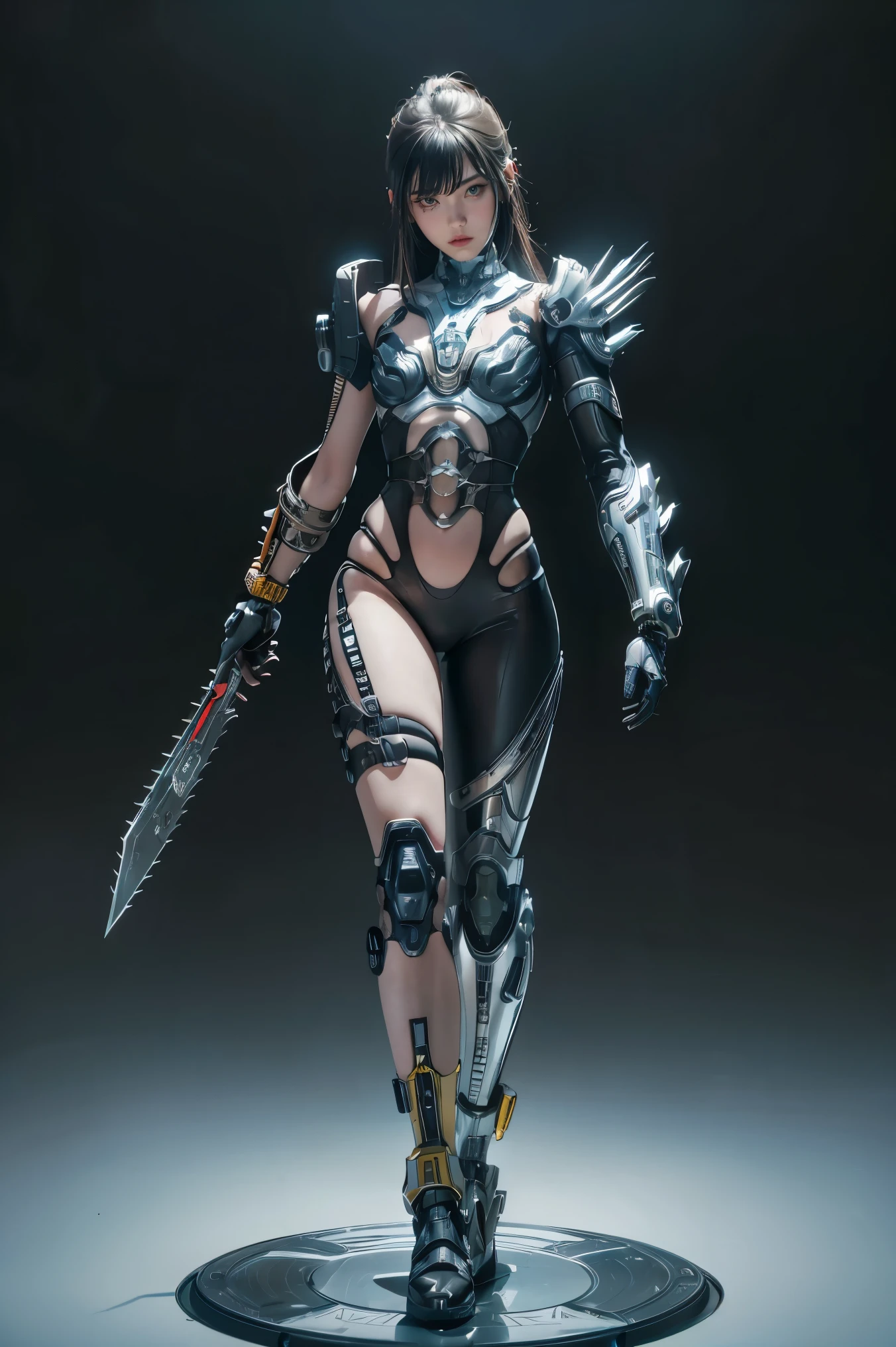 1girl, solo, wearing a mechanical suit, Mechanical wonder, Cyberpunk, Cybernetic Guardian, futuristic armor, full body, front pose, symmetry, intricate (steel metal [rust]), joints, warframe style, cyborg, male body and armor, Chainsaw Man 