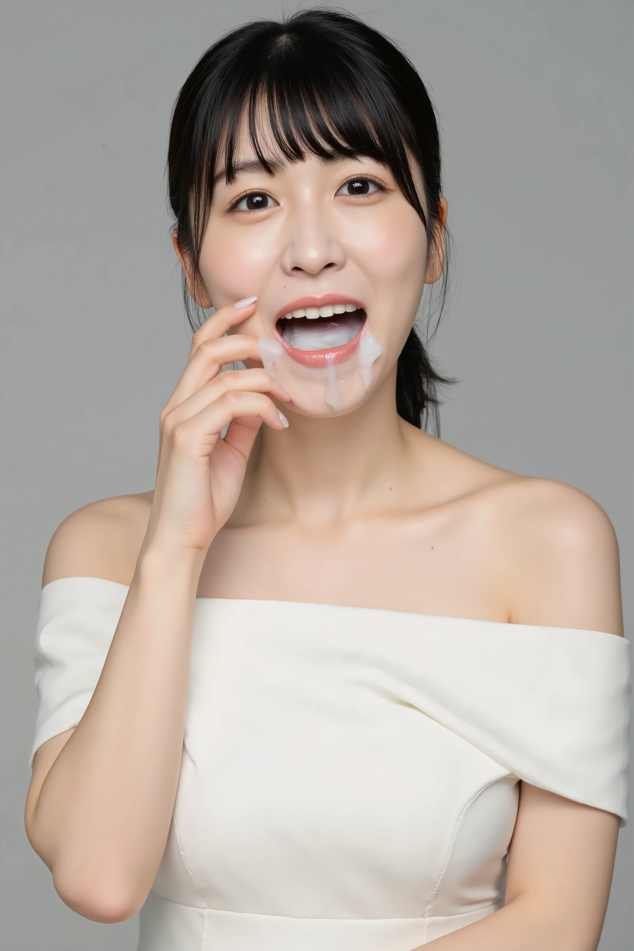 A high resolution photograph of a Japanese young woman in off-shoulder dress, fashion shoot, portrait, upper body, (large breasts, round breasts), face focus, black hair with bangs, snow-like skin, fine-textured skin, (open mouth wide, white cum in mouth:1.2), fingers brushing own lips, joyful expression, looking at the camera, (front view, view from below), detailed hand, detailed fingers, perfect hand,