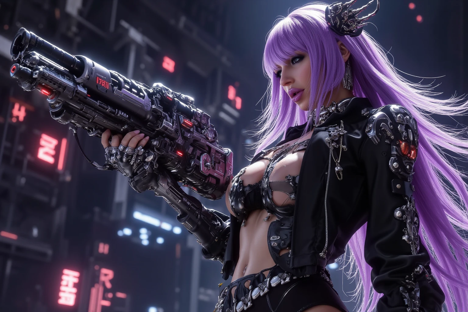 1girl, pretty girl, android girl, half metallic armor, half lingerie with stockings and garter belt, bustier with lace bra, slim body, purple eyes, pink and white hair, extremely detailed face, perfect facial symmetry, perfect body, unknown planet, laser sword, futuristic spaceship, concept art, digital painting, cinematic lighting, dramatic shadows, vibrant colors, intricate details, hyperrealistic, (best quality,4k,8k,highres,masterpiece:1.2),ultra-detailed,(realistic,photorealistic,photo-realistic:1.37)