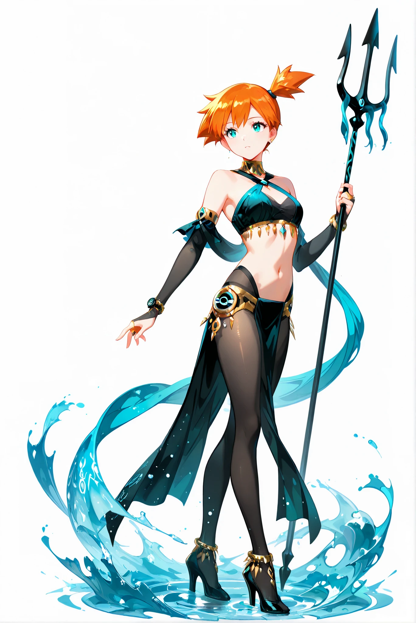 jewelry, bare shoulders, bridal gauntlets, navel, pelvic curtain, dancer, pantyhose, alternate costume ,pl3gian ,( white background, stands,whole body,heels, front view,Standing picture:1.7),HoleHeels,oval/Circle/Thorn/Horn Heels,,Hasty,Colorful, vivid colors ,black light ,watch, masterpiece, Very beautiful,misty (Pokemon), orange hair, side ponytail, short hair, aqua eyes,HoldingTrident, holding trident,watergoddess, Water Magic, Water Spell,