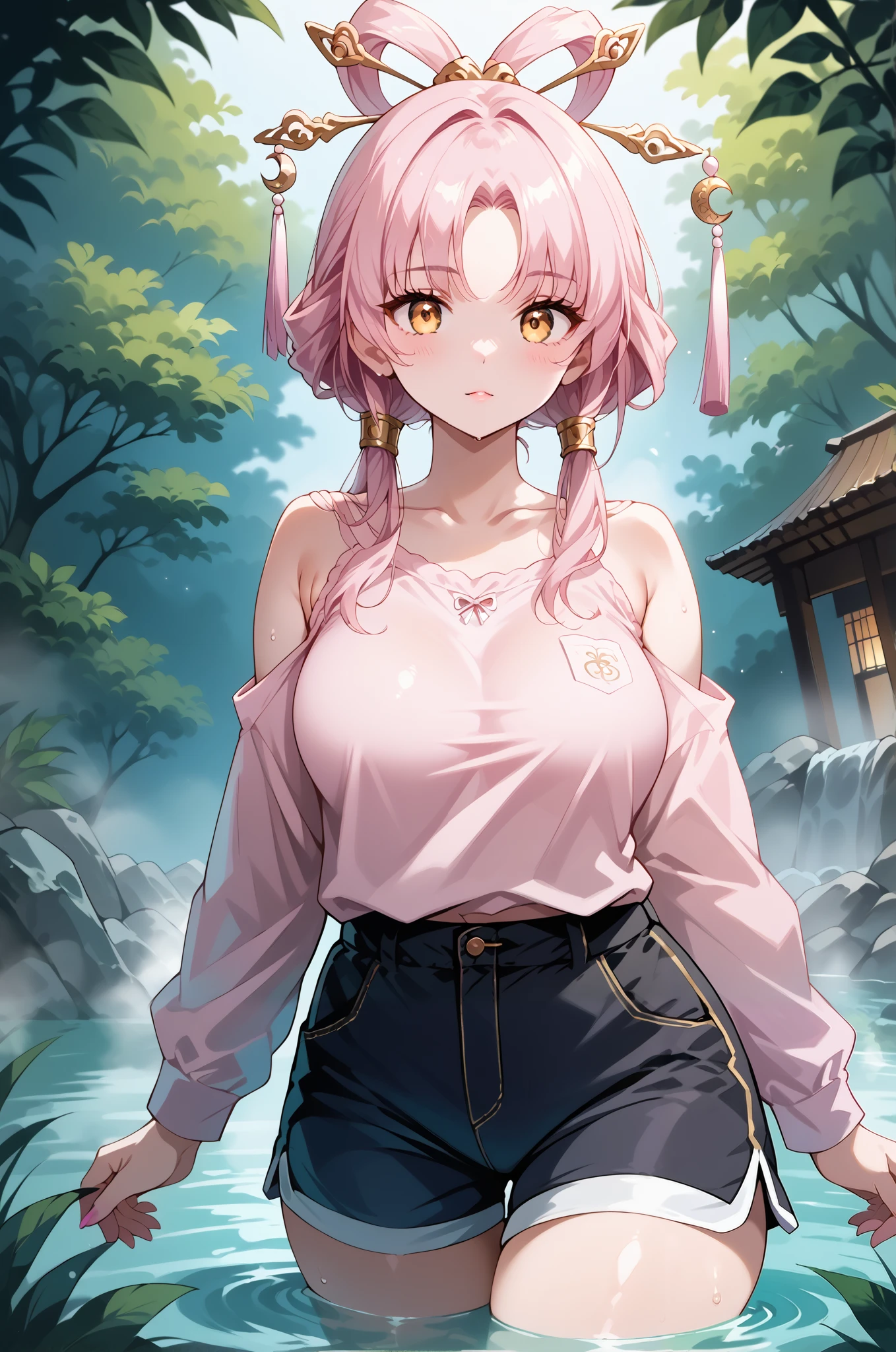 score_9, score_8_up, score_7_up, source_anime, 4K,perfect fingers,(perfect hands, perfect anatomy),prefect lighting, very aesthetic, intricate details,highly detailed background, masterpiece, high quality, best quality,
1girl,solo,fu xuan, pink hair, yellow eyes, bare shoulders, parted bangs, twin tails, bow-shaped hair, low twintails,Large Breast,
wearing ((pink shirt,shorts, )),
onsen, steam, (partially submerged:1.3),