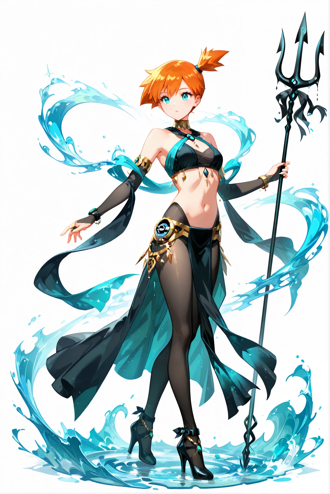 jewelry, bare shoulders, bridal gauntlets, navel, pelvic curtain, dancer, pantyhose, alternate costume ,pl3gian ,( white background, stands,whole body,heels, front view,Standing picture:1.7),HoleHeels,oval/Circle/Thorn/Horn Heels,,Hasty,Colorful, vivid colors ,black light ,watch, masterpiece, Very beautiful,misty (Pokemon), orange hair, side ponytail, short hair, aqua eyes,HoldingTrident, holding trident,watergoddess, Water Magic, Water Spell,
