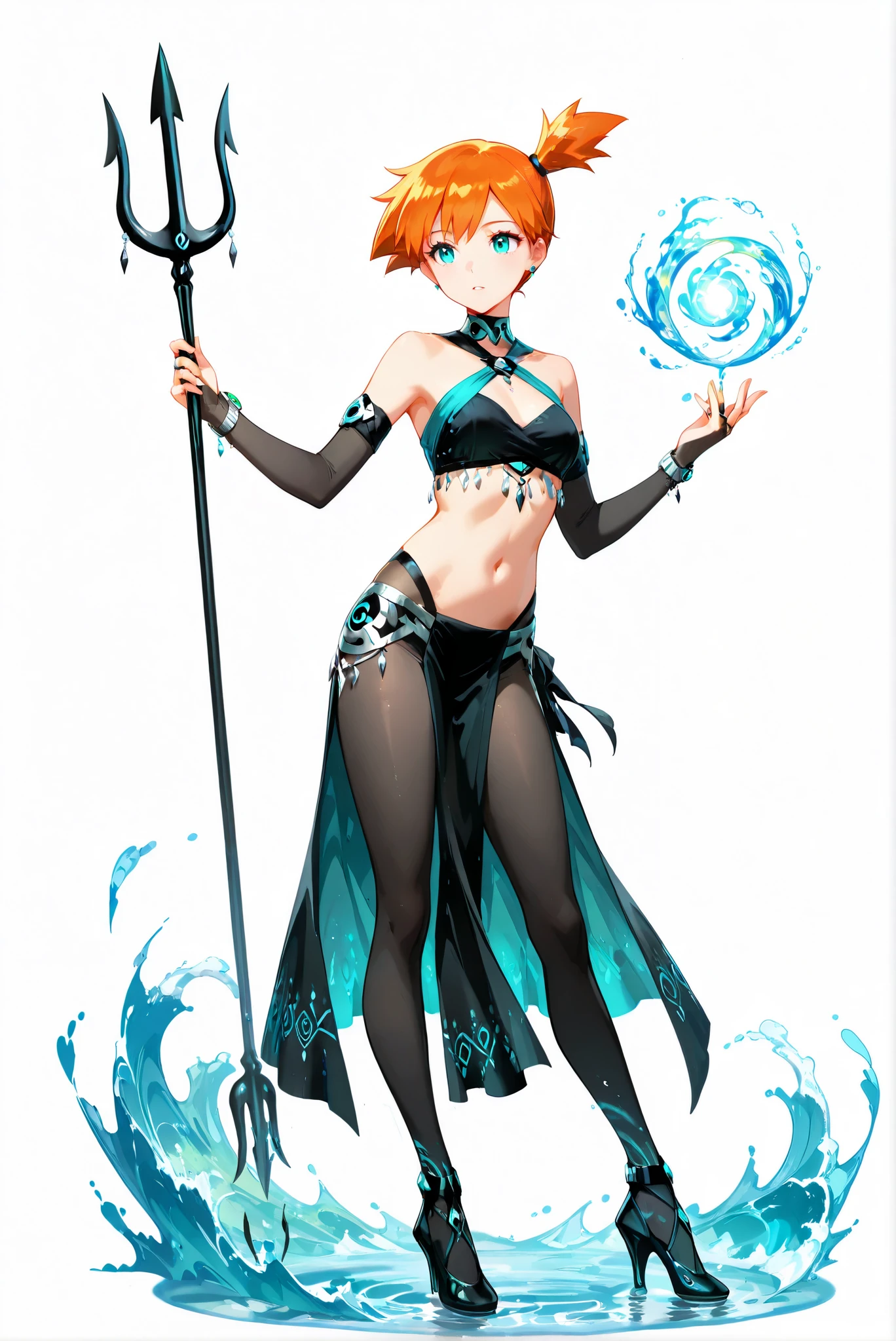 jewelry, bare shoulders, bridal gauntlets, navel, pelvic curtain, dancer, pantyhose, alternate costume ,pl3gian ,( white background, stands,whole body,heels, front view,Standing picture:1.7),HoleHeels,oval/Circle/Thorn/Horn Heels,,Hasty,Colorful, vivid colors ,black light ,watch, masterpiece, Very beautiful,misty (Pokemon), orange hair, side ponytail, short hair, aqua eyes,HoldingTrident, holding trident,watergoddess, Water Magic, Water Spell,