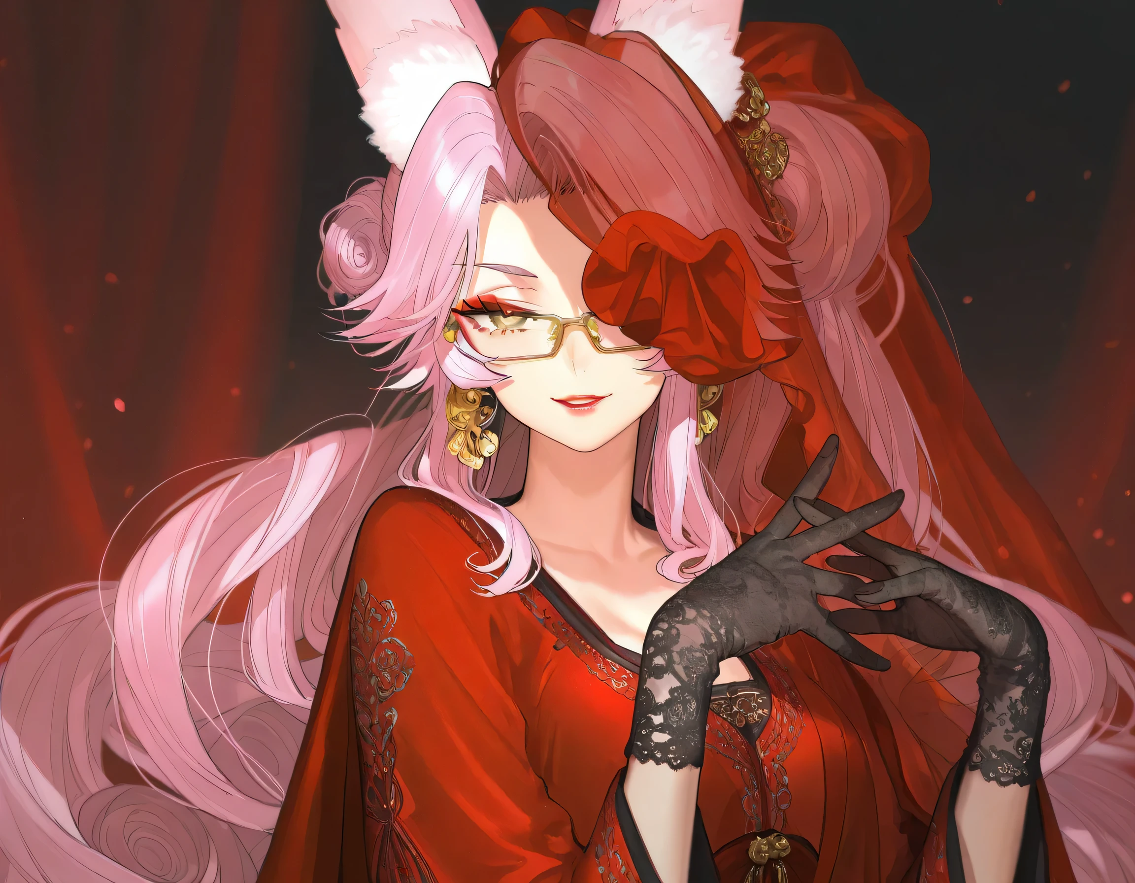 mian_lang,koyanskaya \(fate\), 1girl, bride, solo, pink hair, long hair, curly hair, red veil, makeup, lips, makeup, lipstick, red lips, gaitoou, red hanfu, fox ears, red eyeshadow, half-closed eyes, yellow eyes, parted lips, red dress, dress, gloves, one eye covered, jewelry, lace gloves, bright_pupils, earrings, gold earrings, embroidery, smile, Perfect fingers,slender hands, standing, looking_at_viewer, depth of field, atmosphere, captivating sensuality, wada arco, masterpiece, best quality, amazing quality, very awa, absurdres, very aesthetic