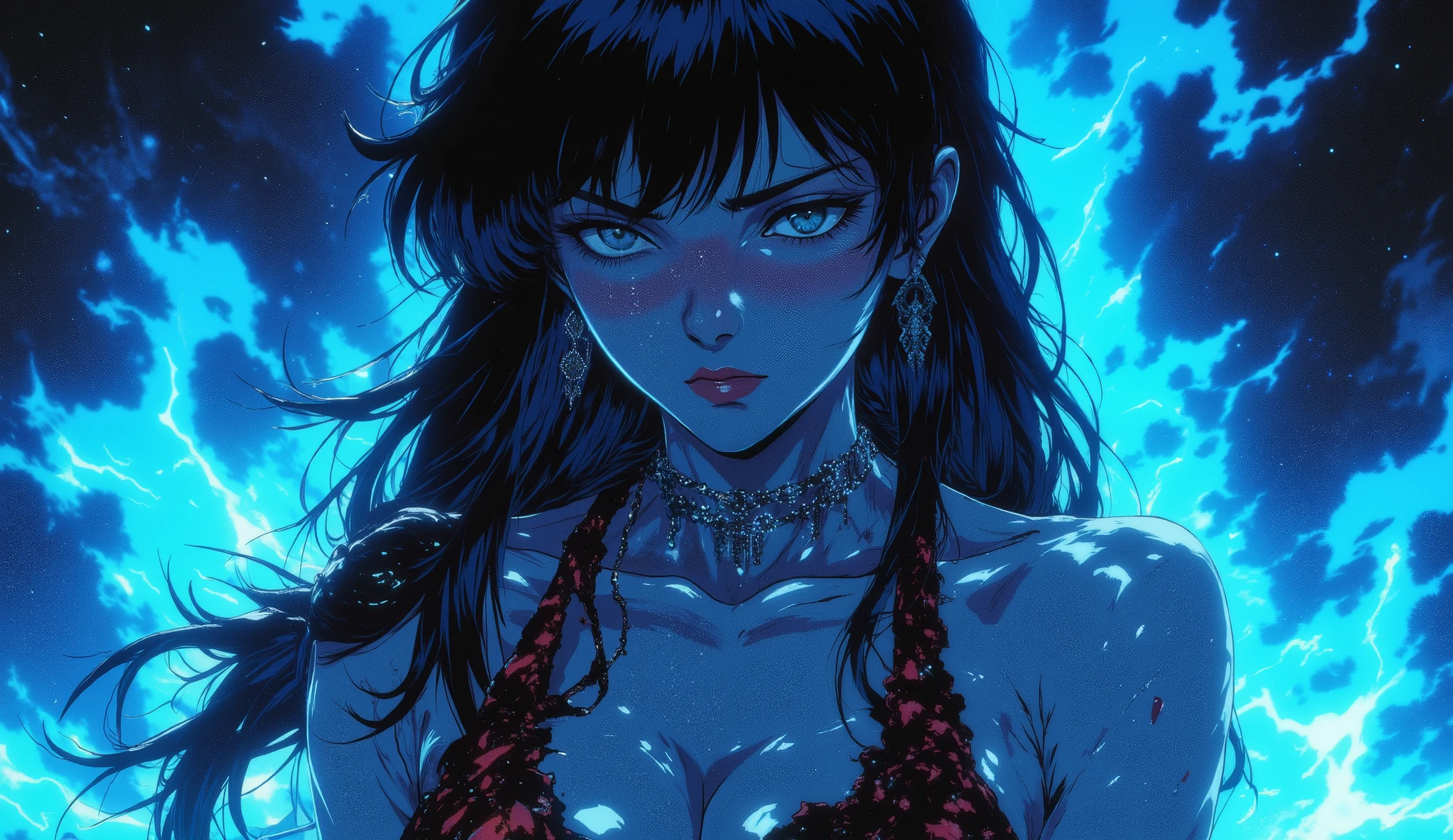 A beautiful woman in gyaru makeup wearing  on the bustling streets of Gintama, surrounded by vendors, beautiful portrait of a stunning goddess girl, beautiful detailed face, porcelain skin, half body shot, centered,(black hai,navel:1.2),((moonlight,night,big neons,strong neon lighting,rim lighting,two tone lighting))),