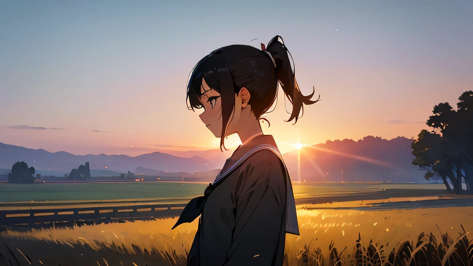 Anime girl standing in a field with a sunset in the background - SeaArt AI