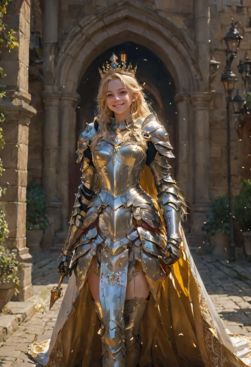 Once upon a time, live the beautiful princess, with golden armor and cloak, blonde hairs, crown on the head, waiting someone for a love, she have beautiful smile, courtyards, full body, (Masterpiece), (best quality), (high quality), (extremely detailed) CG unity, 8k wallpaper, (cinematic angle)