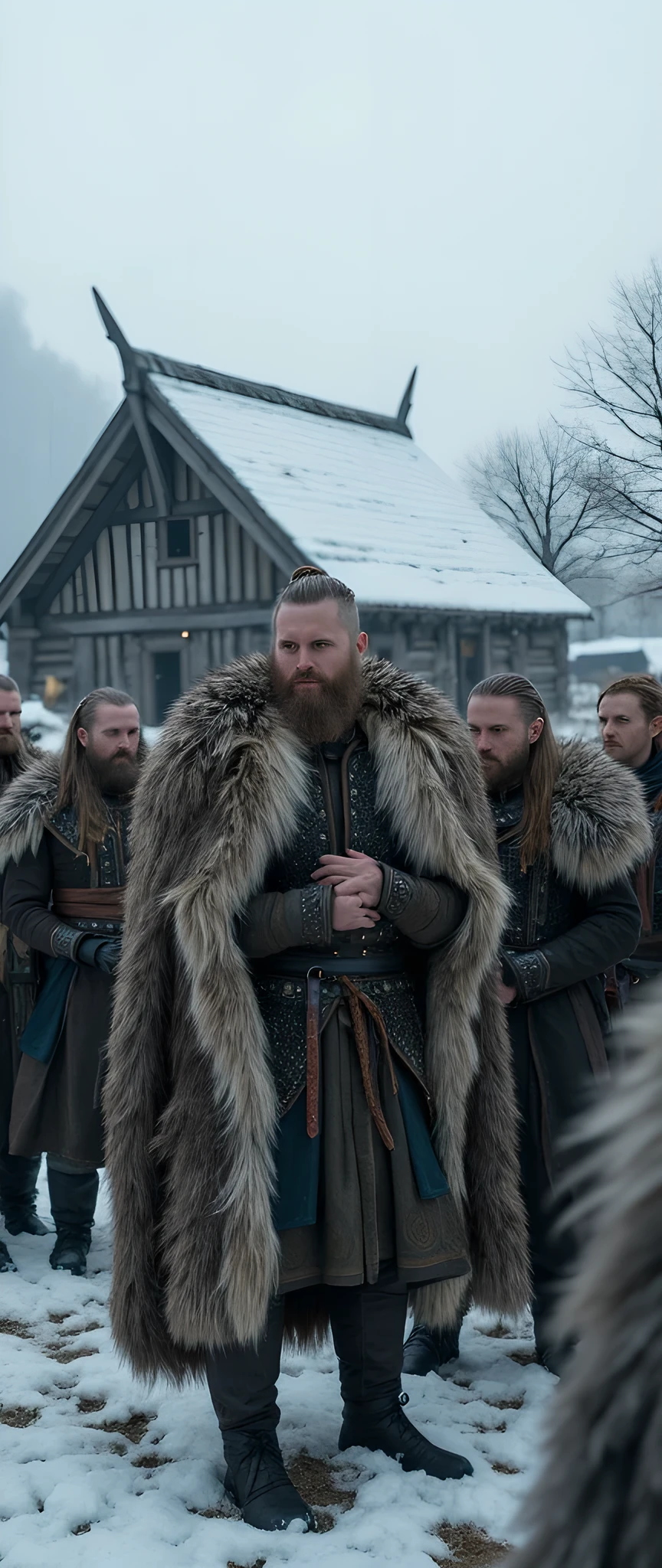 Depict a realistically detailed group of Vikings, full body, dressed in intricately designed fur coats, standing together with expressions of deep disappointment. The scene captures a snowy settlement, with an ancient Viking house in the background, showcasing the harsh yet beautiful environment. Employ a center wide-angle shot that highlights the snowy nature around them, with symmetrical elements for balance. Focus on realistic human anatomy and create lifelike features, emphasizing their shiny hair and expressive hands. Utilize mixed lighting to enhance the mood of disappointment as they stand in an open snowy field. The image should convey a strong sense of ambiance, filled with ultra-detailed textures, showcasing the rich cultural backdrop of the Vikings while maintaining a realistic depth of field. Aim for a visually stunning piece that merges fantasy and reality, reflecting the somber yet captivating essence of Viking life.