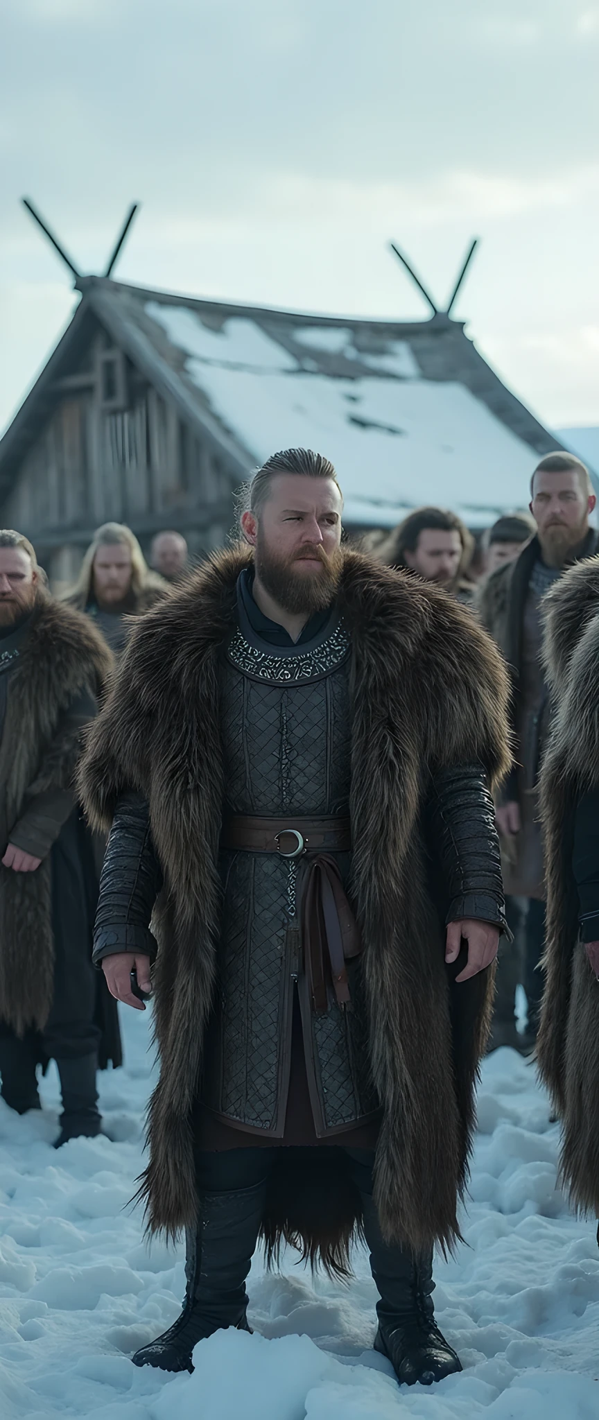 Depict a realistically detailed group of Vikings, full body, dressed in intricately designed fur coats, standing together with expressions of deep disappointment. The scene captures a snowy settlement, with an ancient Viking house in the background, showcasing the harsh yet beautiful environment. Employ a center wide-angle shot that highlights the snowy nature around them, with symmetrical elements for balance. Focus on realistic human anatomy and create lifelike features, emphasizing their shiny hair and expressive hands. Utilize mixed lighting to enhance the mood of disappointment as they stand in an open snowy field. The image should convey a strong sense of ambiance, filled with ultra-detailed textures, showcasing the rich cultural backdrop of the Vikings while maintaining a realistic depth of field. Aim for a visually stunning piece that merges fantasy and reality, reflecting the somber yet captivating essence of Viking life.