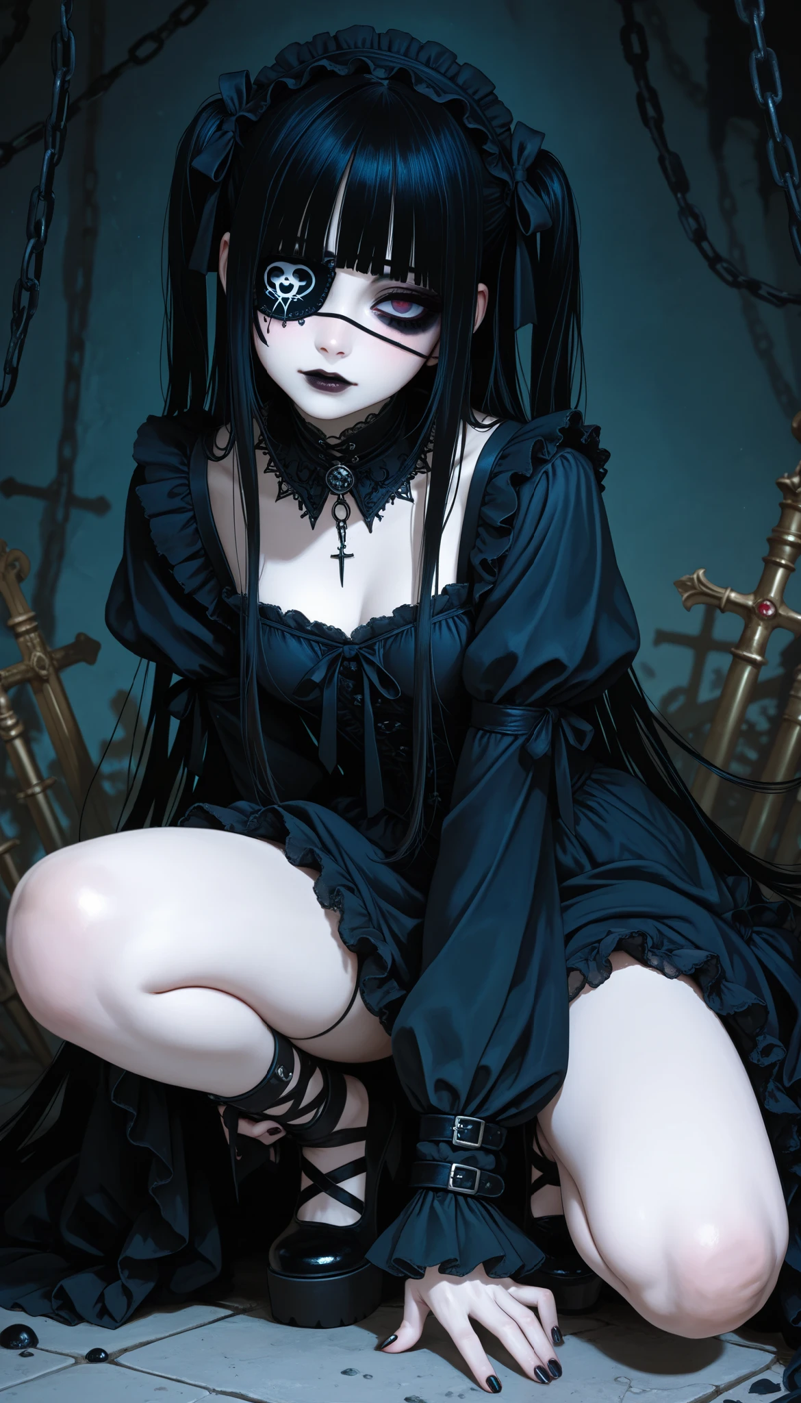 Detailed face,full body, beautiful face,gothic girl, knee-length blouse, eye patch ,black nails, dark makeup,crouching,mysterious,penetrating look, one leg stretched
